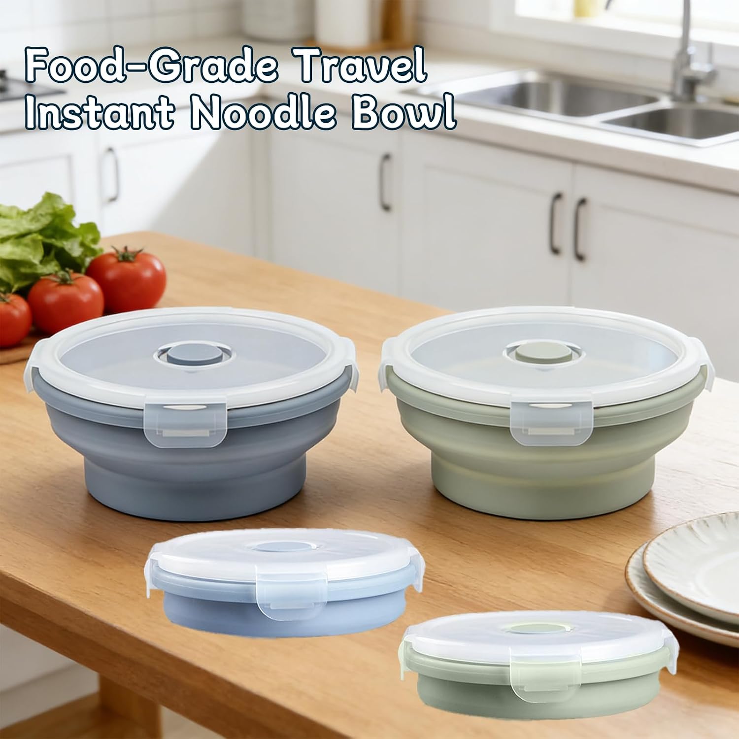 Silicone Collapsible Food Storage Containers-Prep/Storage Bowls with Lids – Set of 2 Round Silicone Lunch Containers – Microwave and Freezer Food Containers (550ML,Green Blue)