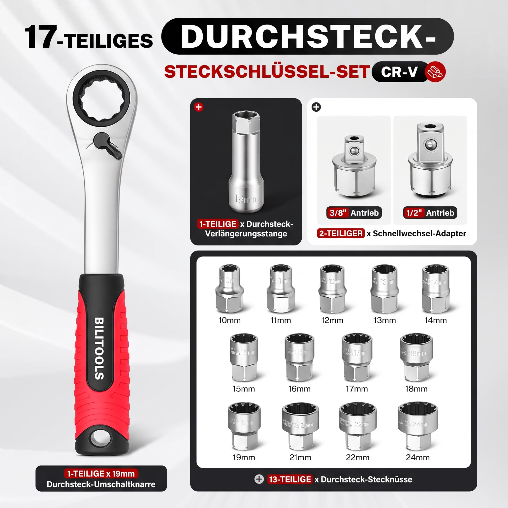BILITOOLS 17-tlg. Durchsteck-Steckschlüssel Set 3/8 & 1/2 Zoll