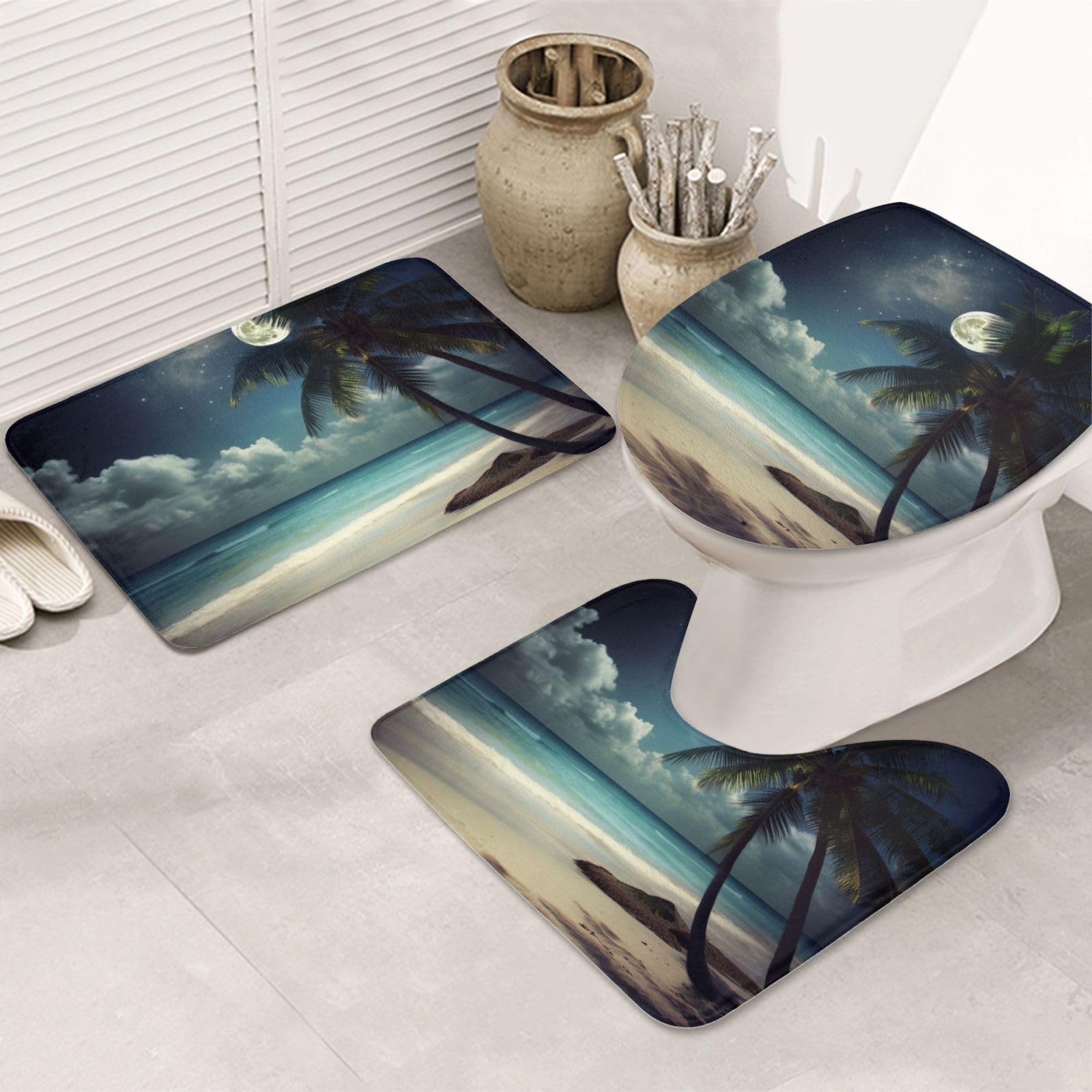 Lot de 3 tapis de bain antidérapants et absorbants en flanelle, motif plage tropicale, palmier, pleine lune, tapis de bain, tapis de contour et housse pour abattant WC