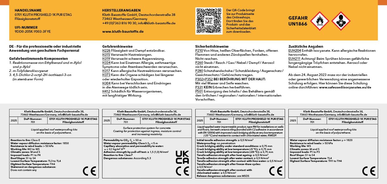 Kluth PROSHIELD 1K PUR ETAG Flüssigkunststoff - 6kg - Abdichtung für Flachdach, Balkon, Detailanschlüsse und Bauelemente - hellgrau