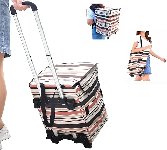 Fineget Foldable Shopping Trolley with 2 Wheels - Folding Backpack Collapsible Reusable Grocery Utility Cart Telescoping Handle for Women Beach Picnic Laundry Luggage School Book Teacher Fold Up