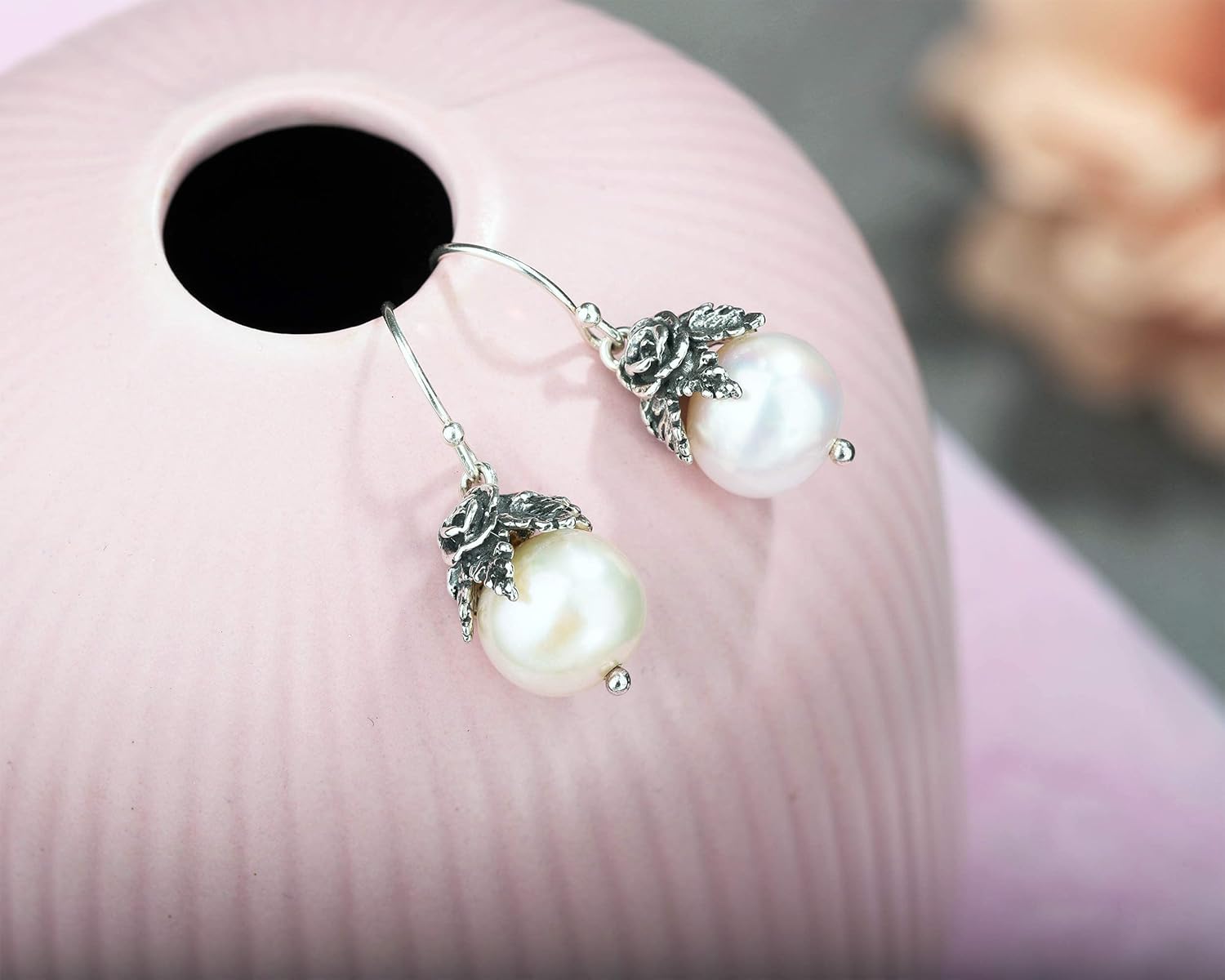 Paz Creations Sterling Silver Dangle Pearl Earrings with Floral Caps - Real Freshwater Ball-Shaped White Pearls - Elegant Drop Earrings Set - Classic Gift for Her