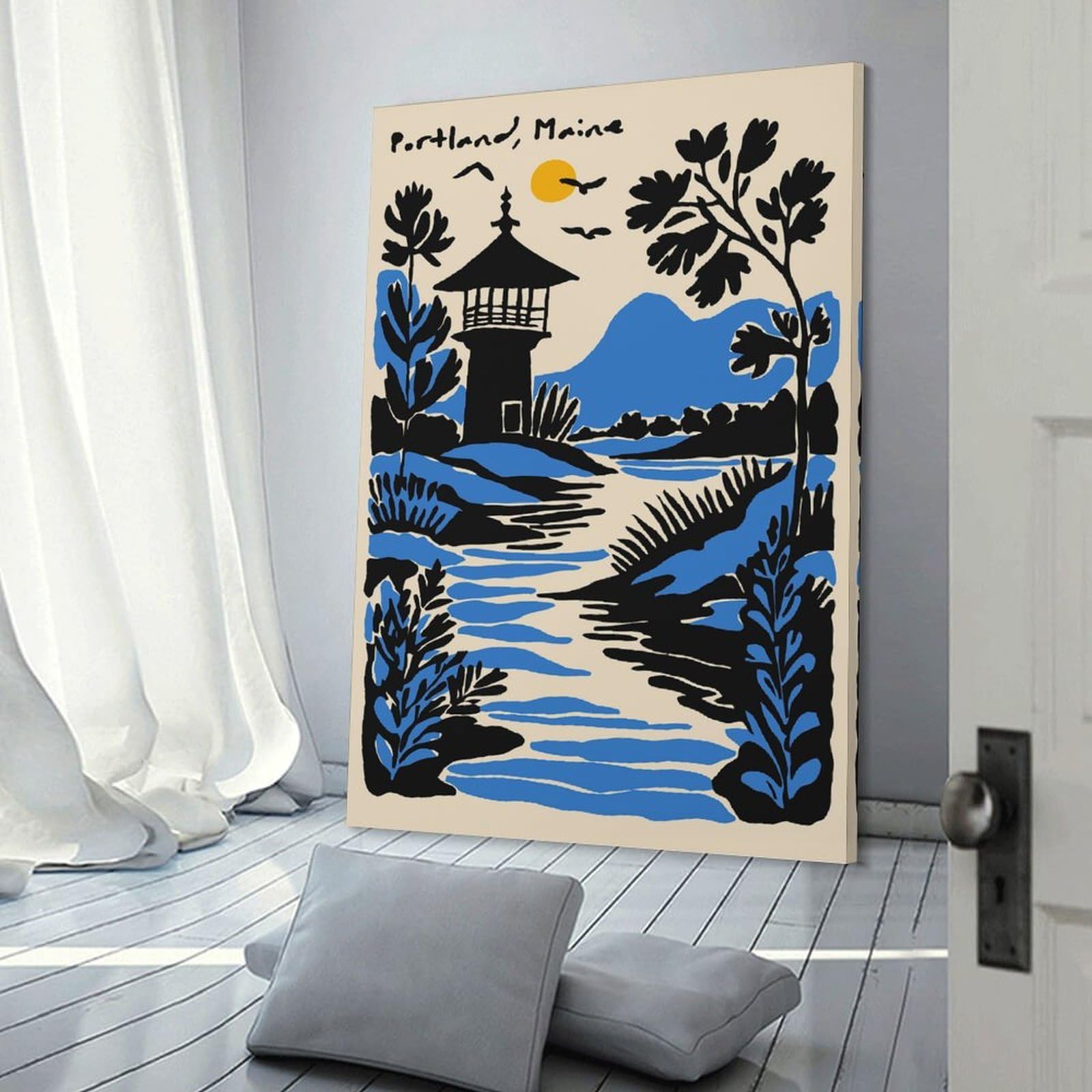 Junmoney Portland, Maine Landscape Illustration Canvas Wall Decor 20x30inch(50x75cm), for Entrance Walls, Hall Decor Or Foyers, Wall Decor to Refresh Empty Corners