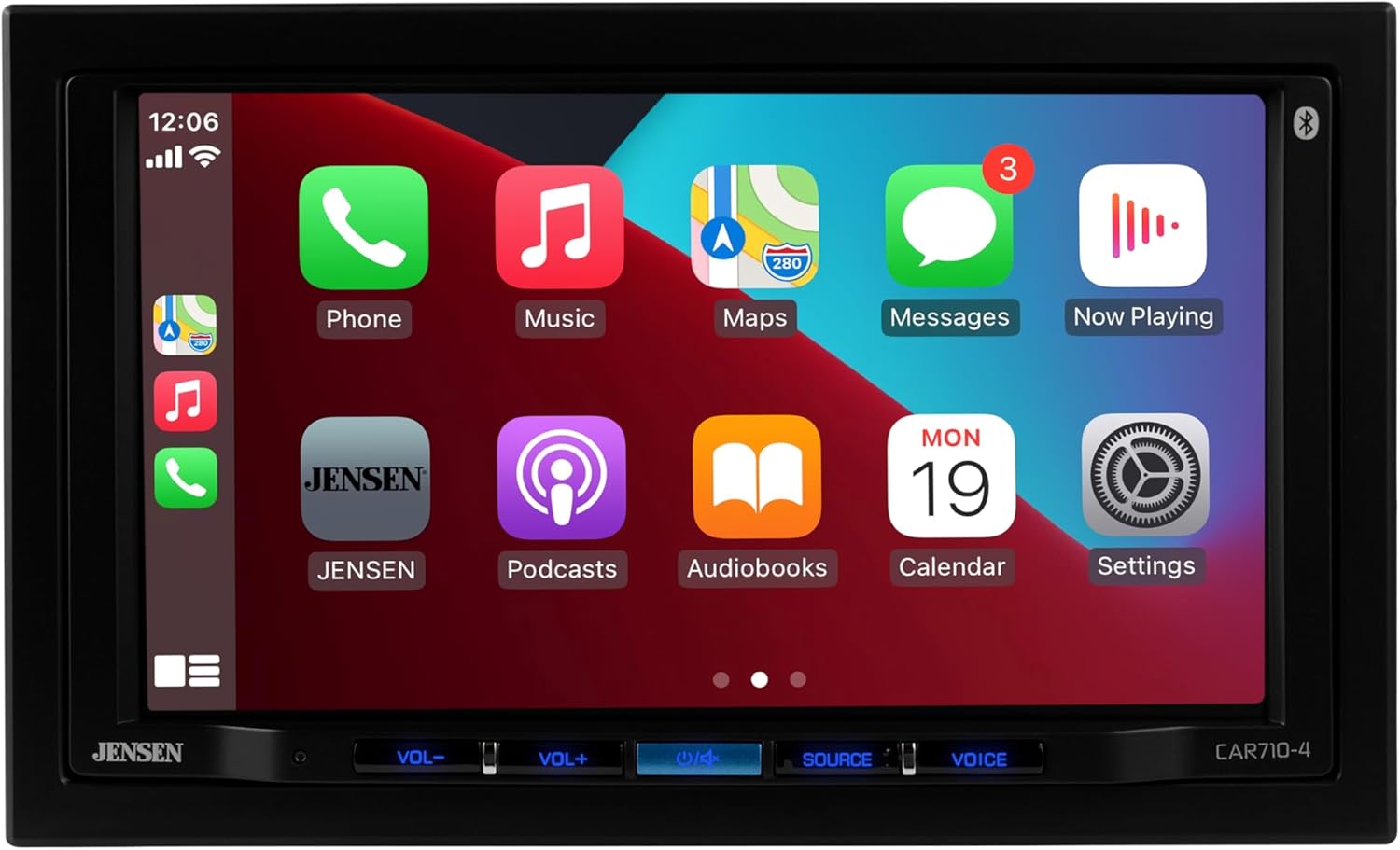 Front view of the JENSEN CAR710-4 displaying the Apple CarPlay interface with a slightly different angle.