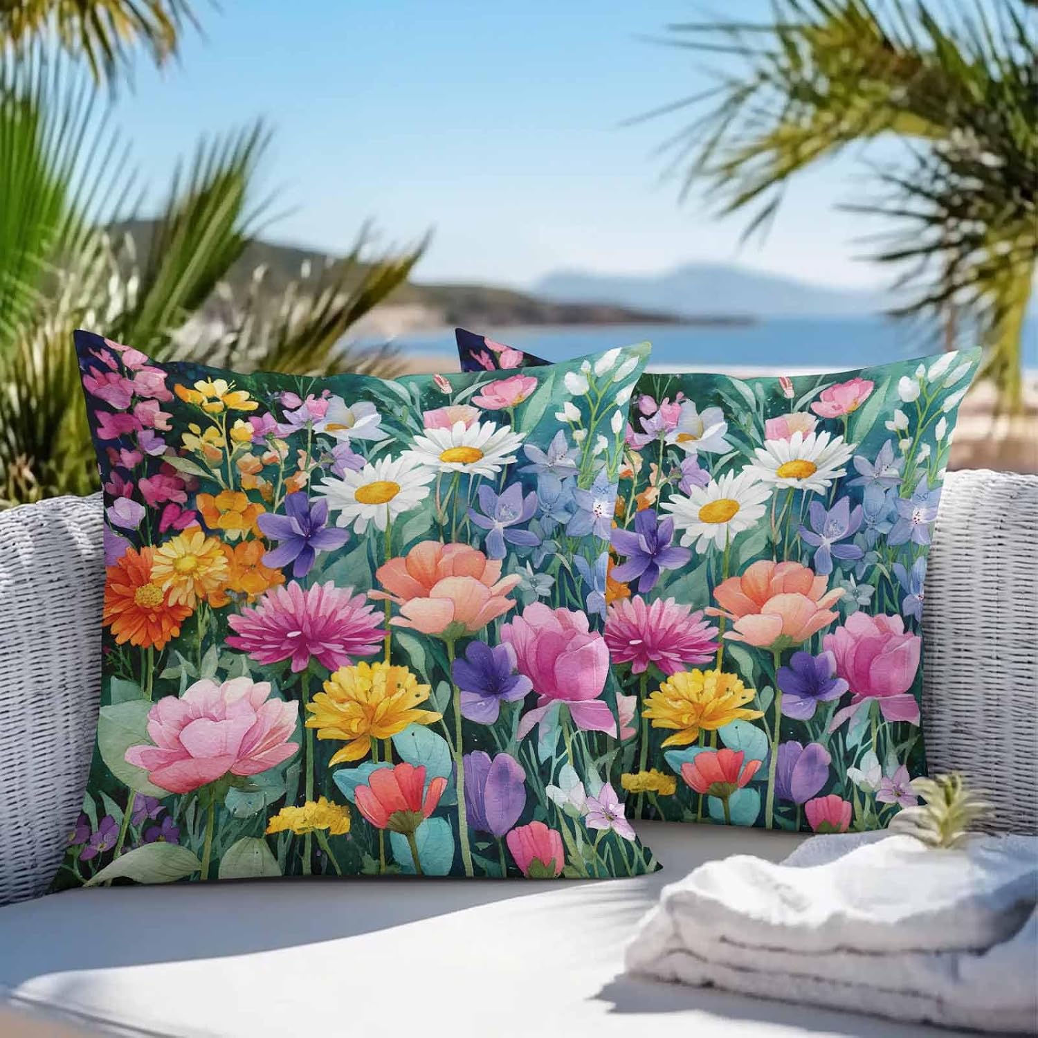 Watercolor Spring Floral Outdoor Waterproof Throw Pillow Covers 18x18 Set of 2, Farmhouse Flowers Colorful Decorative Pillowcases Cushion Pillowcase for Couch Sofa Patio Outside Pillow Protector