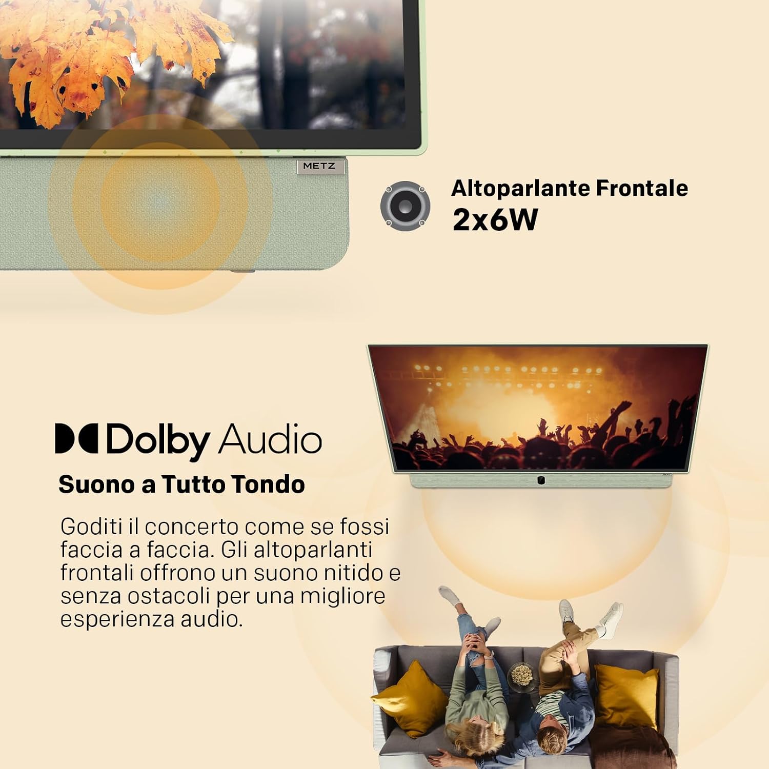 Image highlighting the Dolby Audio feature and 2x6W front speakers of the Metz MPE7200Z, showing people enjoying a concert on the TV.