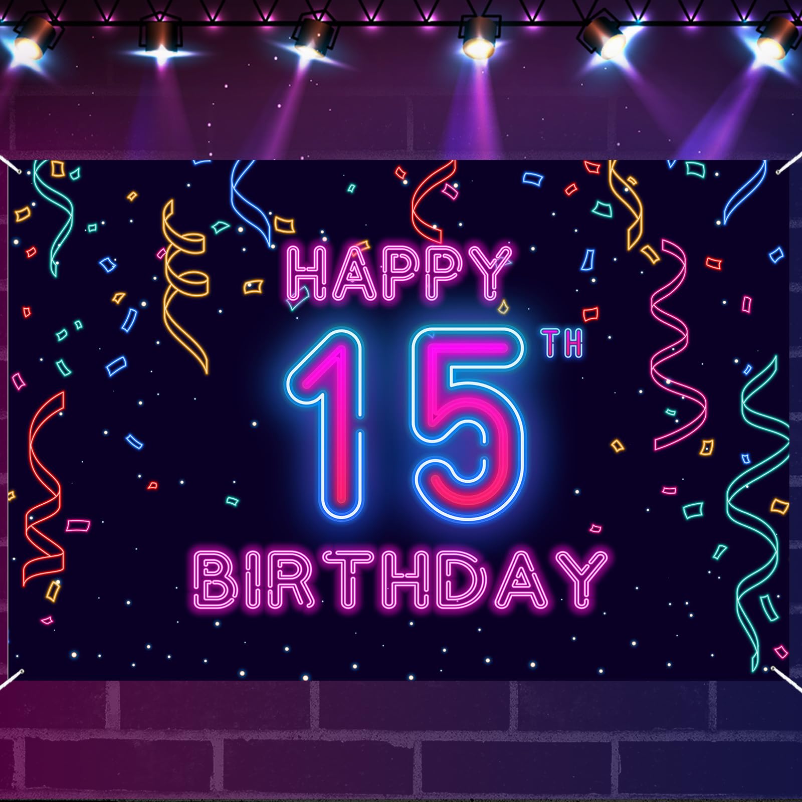 15th Neon Birthday Banner Backdrop, 15 Years Birthday Party Banner Let Glow Party Disco Dance Neon Theme Backdrop, Colorful Night Decorations for Girls Boys Women Men Photo Props Supplies Glitter — image 1