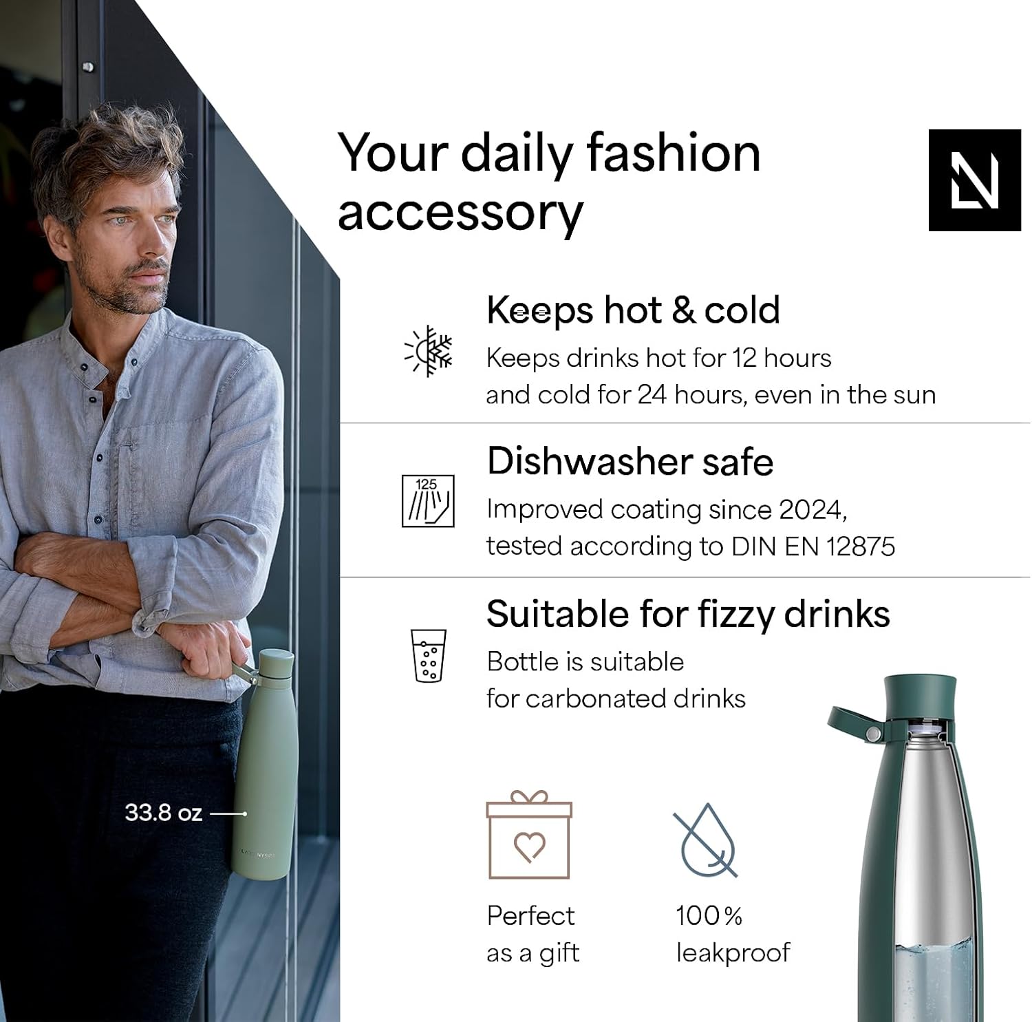 LARS NYSØM Stainless Steel Insulated Water Bottle 25oz 34oz | Insulated Thermo Flask for Hot and Cold Beverages | Leakproof Drinking Bottle (Pine Green, 25.4oz) - Image 2