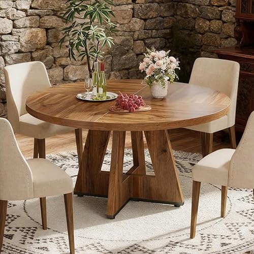 Mesa de comedor redonda de 47 pulgadas, mesa de madera estilo granja para 4-6 personas, mesa de cocina rústica con soporte de metal, mesas de