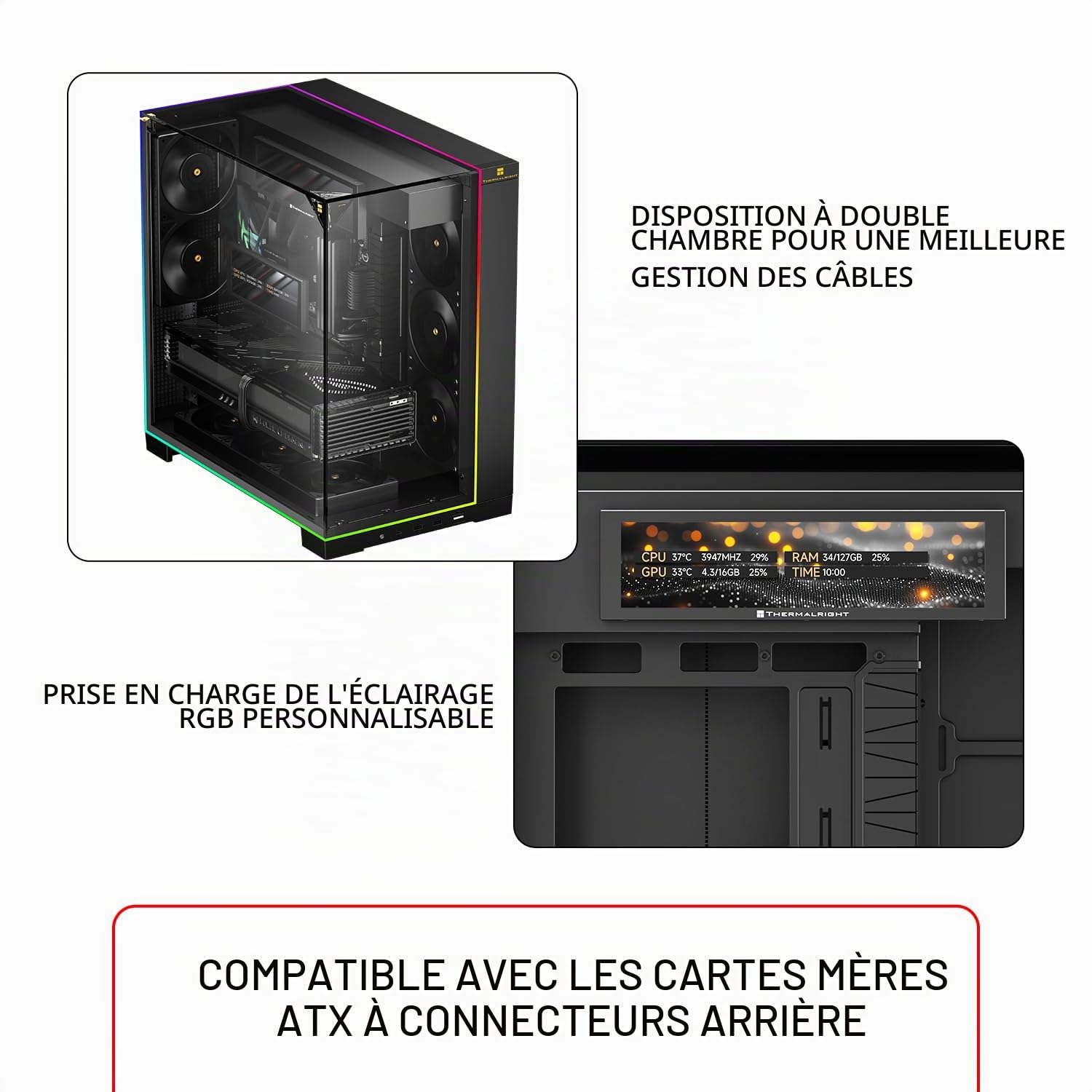 TR-Thermalright A70 Vision avec écran LCD 9,16" extensible pour PC, port USB-C, cadre robuste optimisé pour le refroidissement, utilisation universelle avec barre lumineuse linéaire ARGB