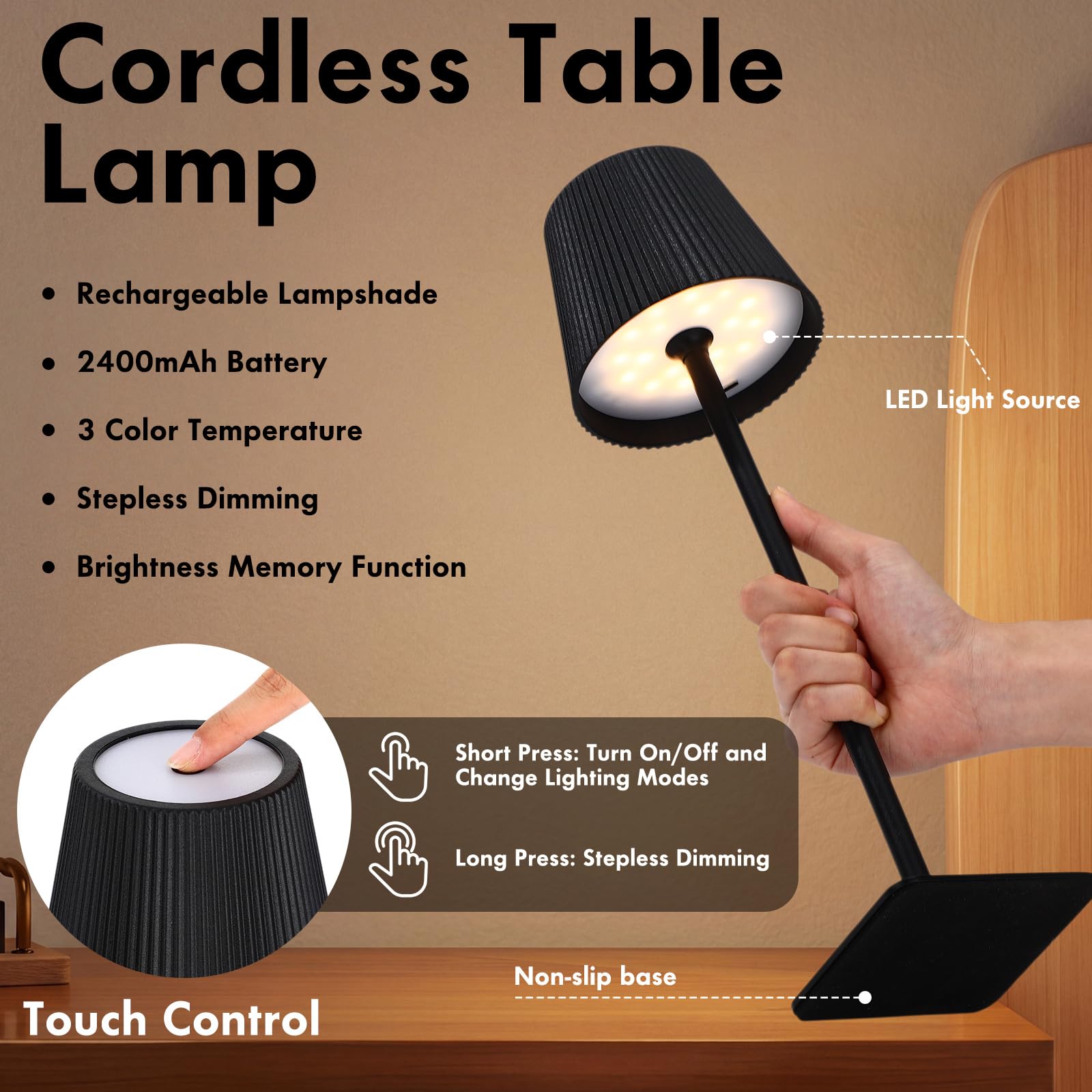 Kabellose LED-Tischlampe, tragbar, wiederaufladbar, Touch-Lampe, wasserdicht, 3000 mAh, batteriebetrieben, 3 Farben, stufenloses Dimmen, Touch-Steuerung für Restaurant, Schlafzimmer