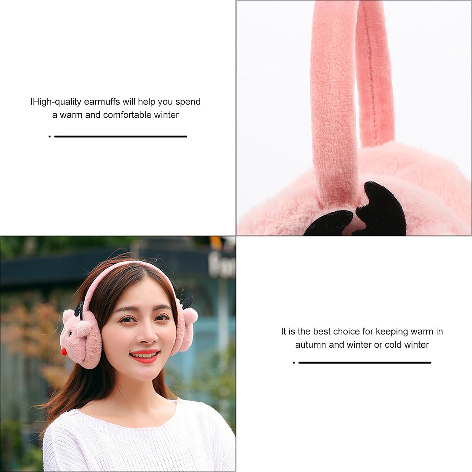 Christmas Reindeer Antlers Earmuffs for Women Winter Ear Warmers Plush Pink Soft Fleece Lined Cartoon Winter Ear Cover for Outdoor Cold Weather