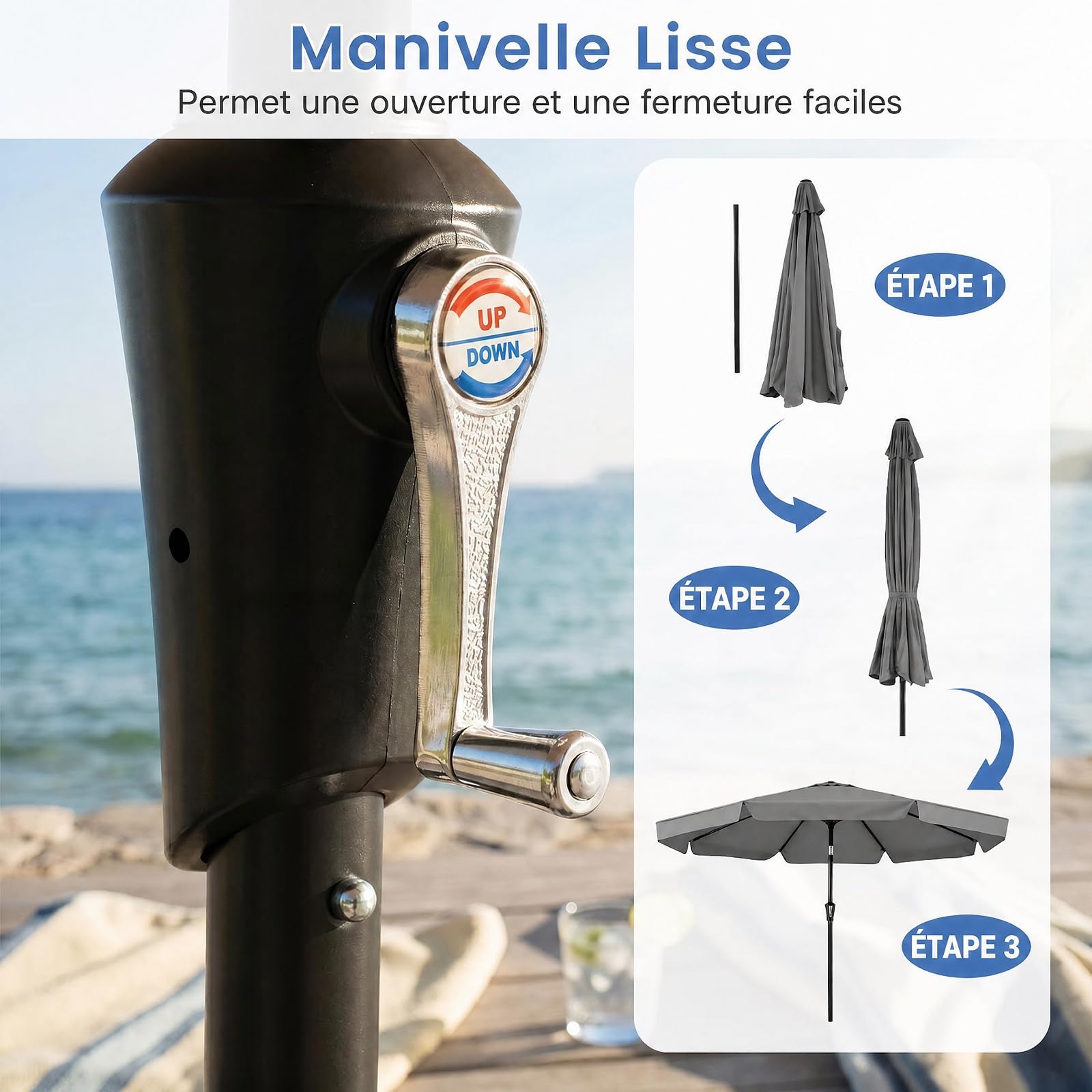 COSTWAY Parasol de Jardin Extérieur à Volant 3m, Parasol Inclinable 30° en Polyester, Manivelle Lisse, 8 Baleines, Protection Solaire&Résistant à l'Eau, pour Terrasse Piscine Plage