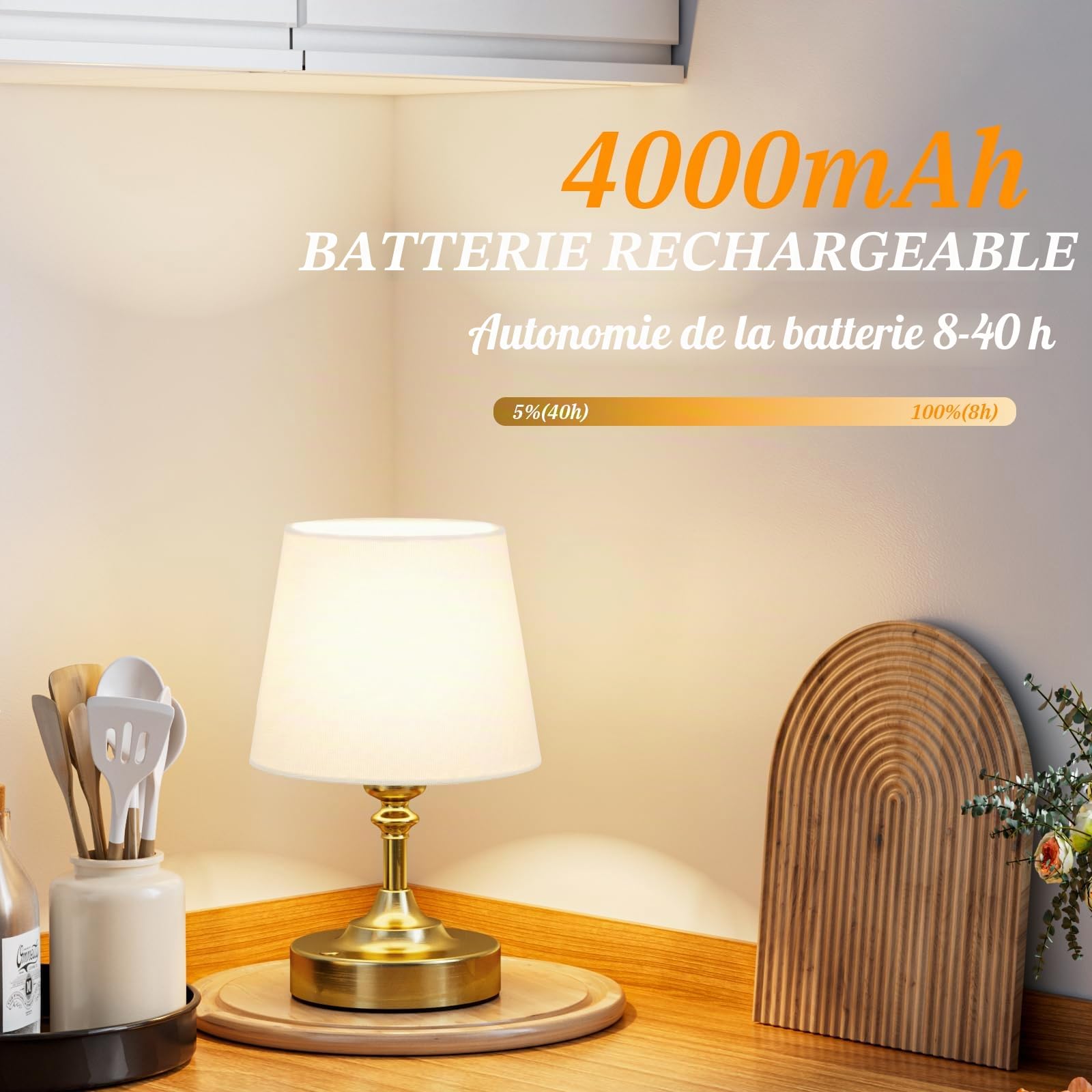 Petite Lampe de Chevet Tactile, LED Lampe de Table Sans Fil Batterie Rechargeable, Variateur Continu, Abat-jour en Lin Blanc, pour Chambre à Coucher Salon Cuisine Décoration(Laiton)