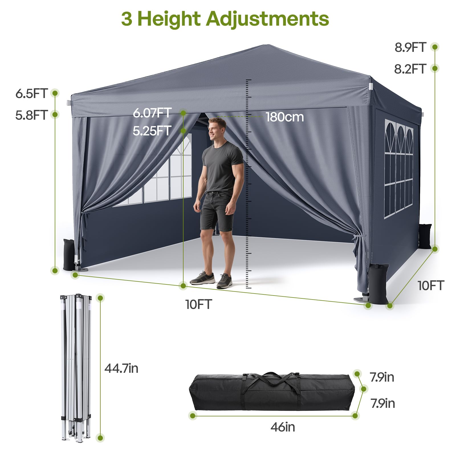 Driftalia Tonnelle avec côtés 3 m x 3 m - Étanche - Avec 4 sacs de sable et sac de transport - Pour fêtes, camping, événements commerciaux - Gris foncé