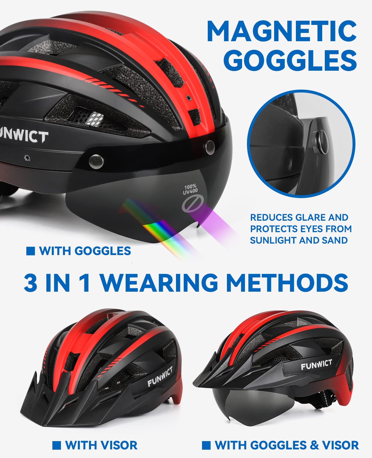 Casco Bicicleta para Ciclismo de Montaña Casco MTB Adulto con Visera y Gafas Desmontables Casco Ciclismo para Hombre Mujer de Tamaño 57-62cm (L: 57-61 cm, Negro y Rojo)