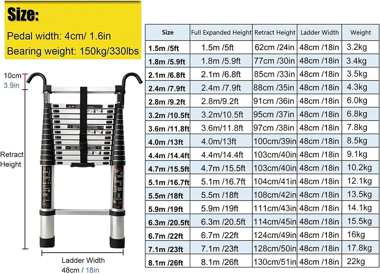 OKUOKA Aluminum Telescoping Ladder 23ft / 24ft / 26ft, Telescopic Ladder with Hook, Folding Extension Ladders for Home/Attic/RV/Outdoor Roof, Load 150kg (Size : 3.2m/10.5ft) Interesting l