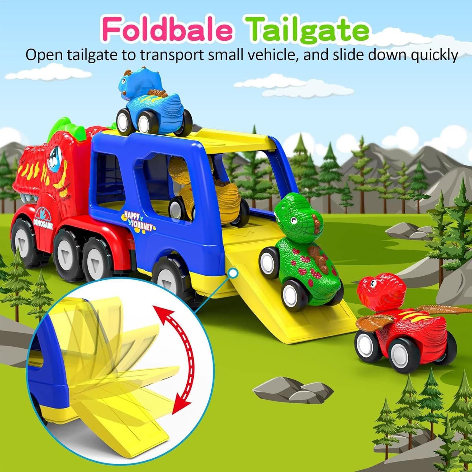 Camion Dinosauro Con Auto Tynosaurus Grande Camion Elettrico Con 4 | Figurine Dinosauri Veicoli Set Per Età Prescolare E Studenti