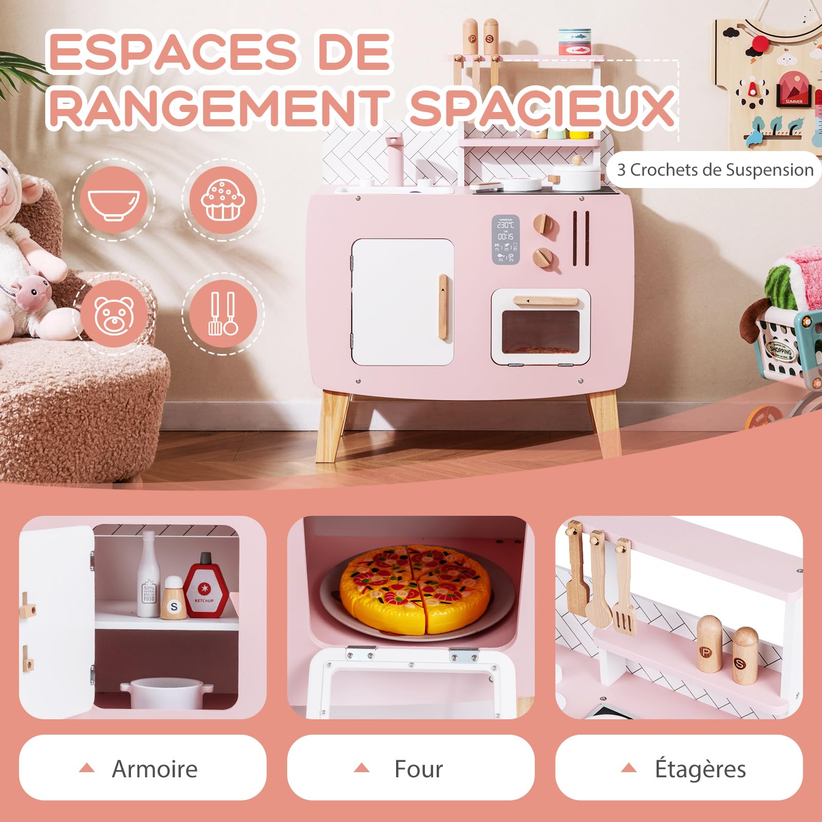 GOPLUS Cuisine Enfant, Cuisine en Bois Enfant avec Four, Cuisinière, Évier, Robinet et Ustensiles de Jeu, Jouet Montessori avec Armoire & Étagère, pour Garçons Filles 3+ Ans