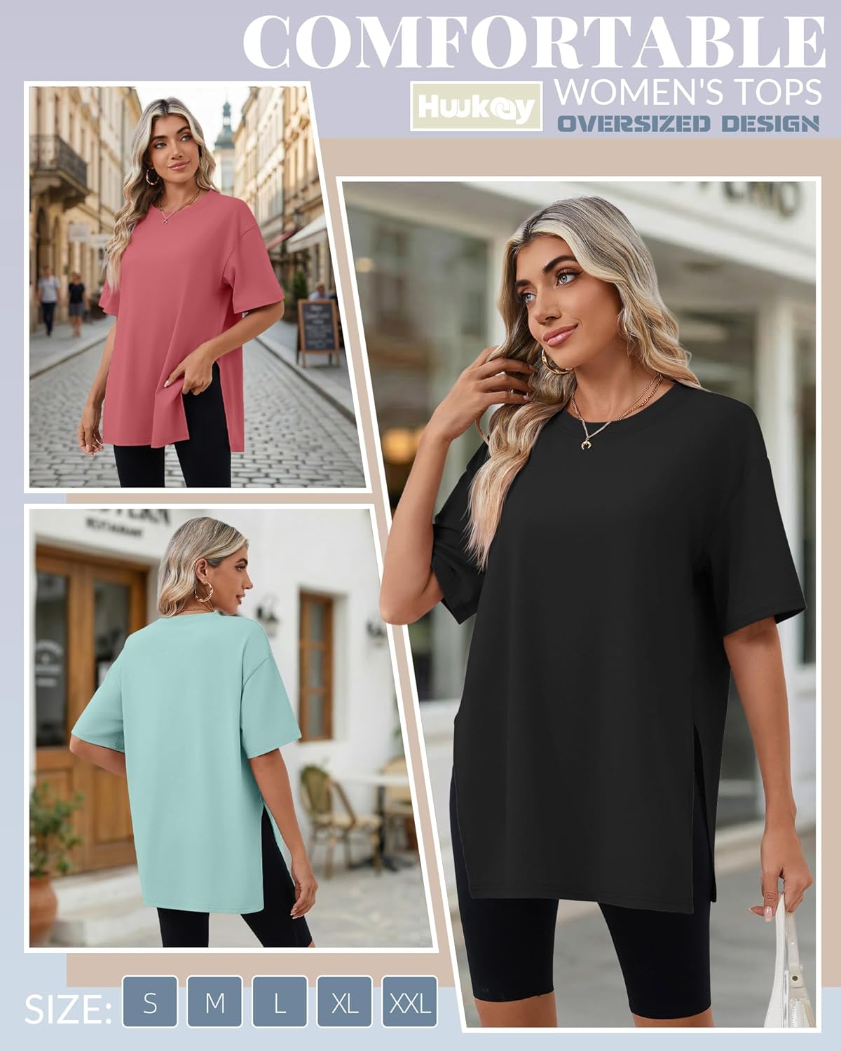 Huukeay 3 Pack Women's Oversized Gym T Shirts Short Sleeve Side Split Crewneck Tops Casual Summer Workout Baggy Basic Tee - Image 5