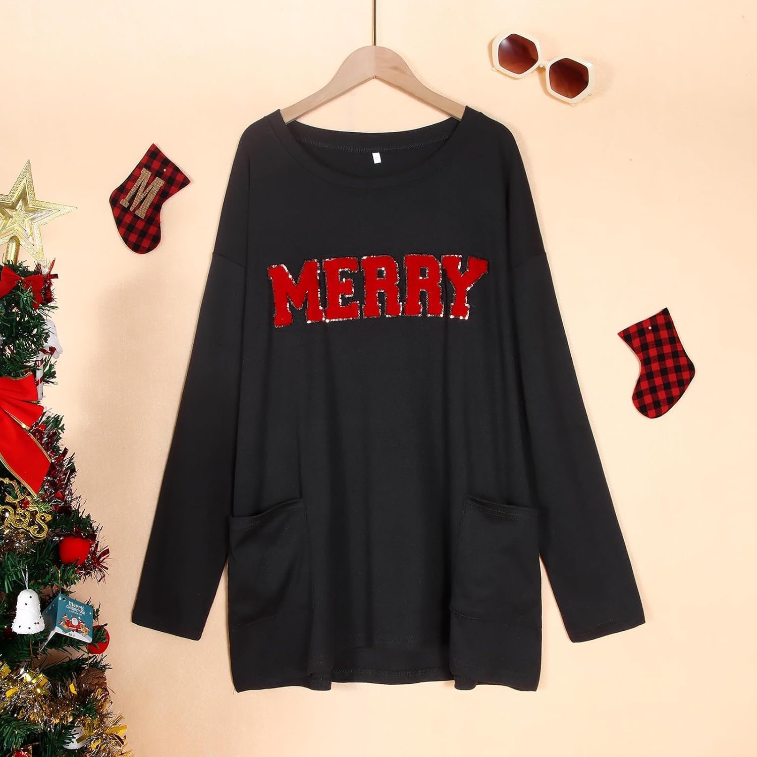 Women Merry Christmas Shirt Glitter Patch Long Sleeve Tunic Top Xmas Holiday Tshirt Dress Blouse Outfit with Pocket - Image 5