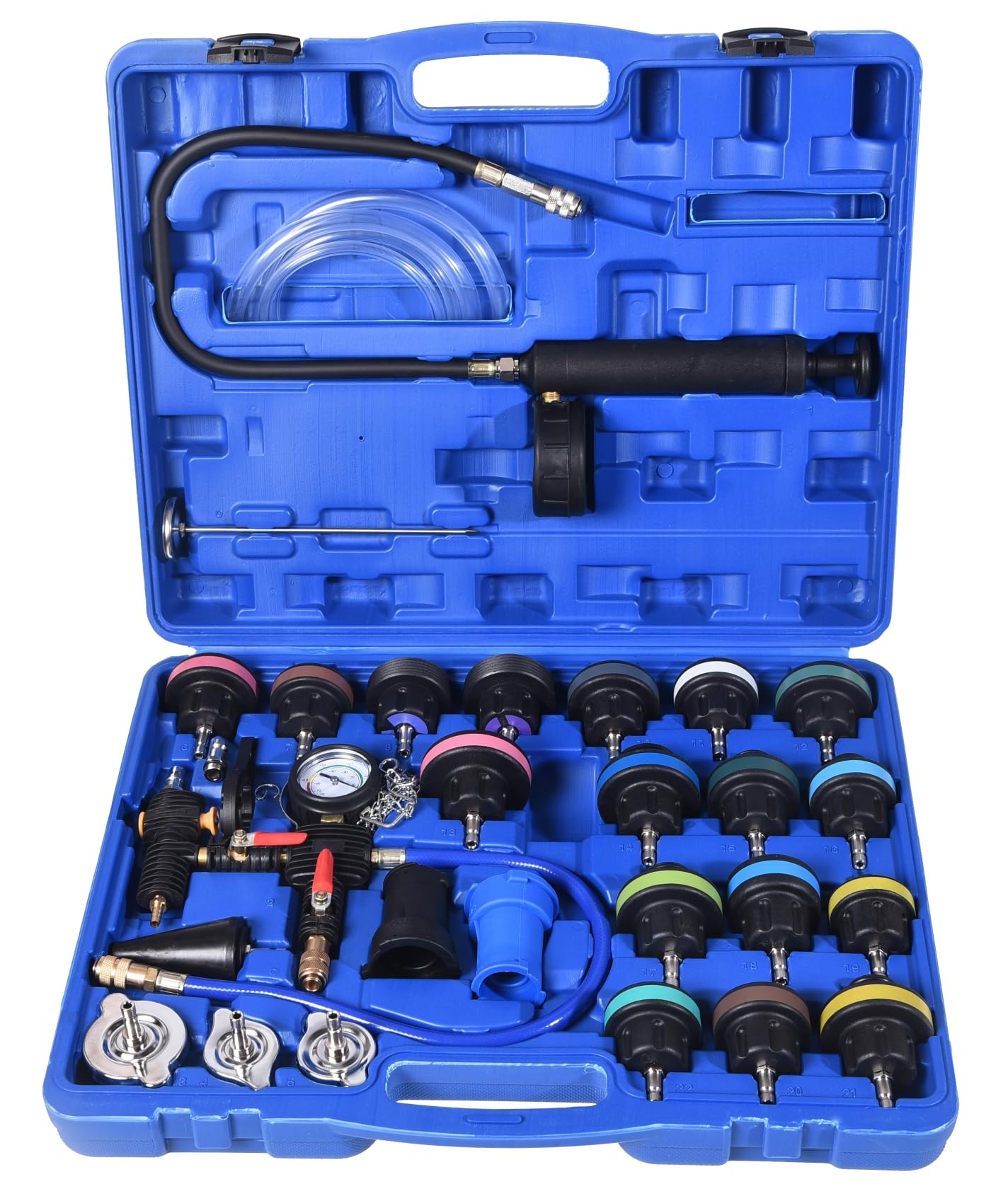 DHA 28pc Cooling System Radiator Pressure Tester Kit, Radiator Coolant Pressure Test Pump Car Water Leak Tank Detector Tester, Universal Cooling System Vacuum Tester and Refiller Tool Kit