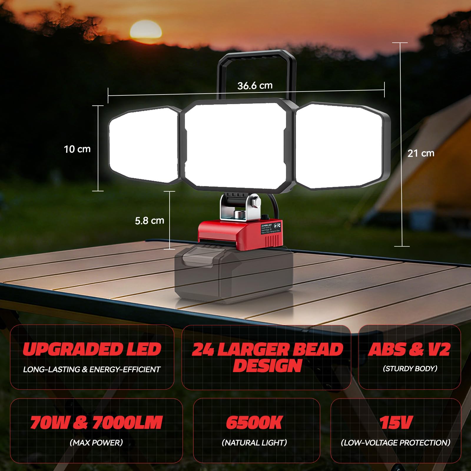 LIVOWALNY Lampada a batteria compatibile con Einhell 18 V, 15000 lm, luce bianca diurna 6500 K, testa orientabile, connettore USB-C, 2 modalità di illuminazione, lampada da officina portatile, senza