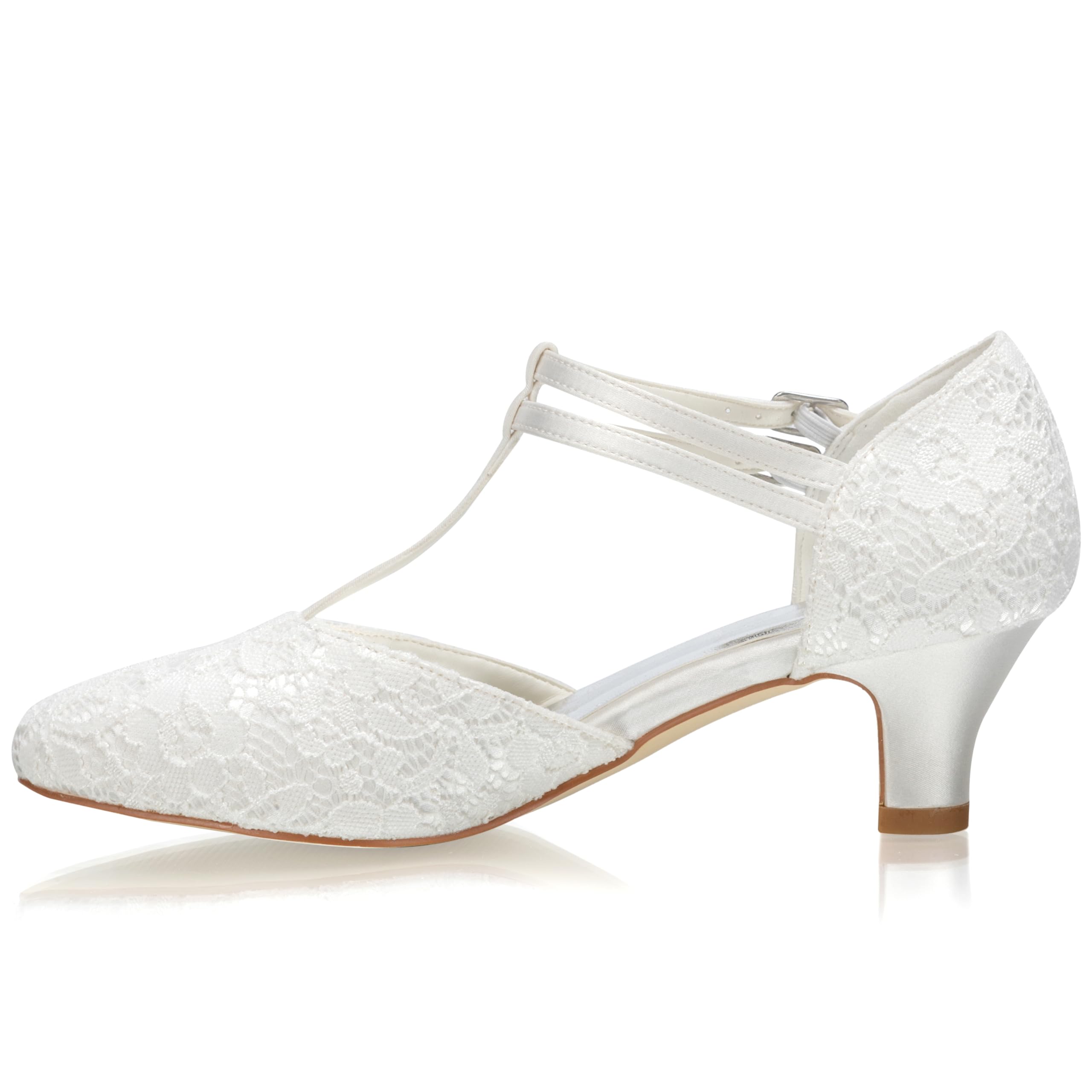 JIAJIA 00968 Damen Brautschuhe Geschlossener Zeh T-Strap Block Niedriger Absatz Spitze Satin Pumps Hochzeitsschuhe