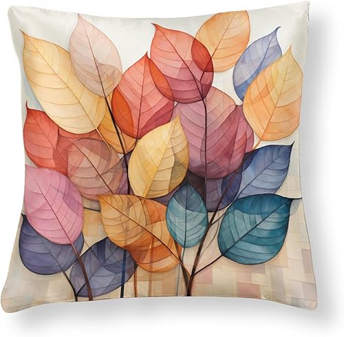 Fundas de cojín de satén, colección otoñal, diseño de hojas a cuadros, fundas de almohada decorativas para otoño, día de Acción de Gracias, sofá,