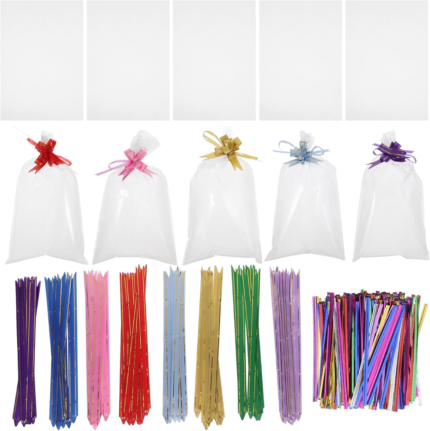 HOODANCOS Cellophane Bags 400pcs 15x25cm Plastic Treat Bags with Pull Bows and Metal Ties for Party Favors Candy Cookie Packaging