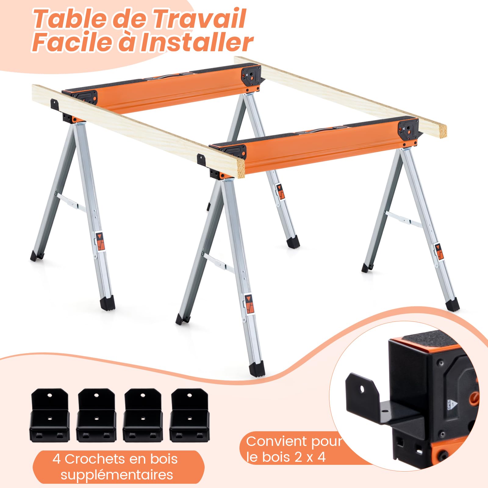 GOLUS Lot de 2 Chevalets de Sciage Pliables, 2 Tréteaux de Scie avec Patins Antidérapants, Structure Triangulaire, Charge Capacité 500 KG, pour Découpe, Sciage, Bricolage(Orange+Argent)