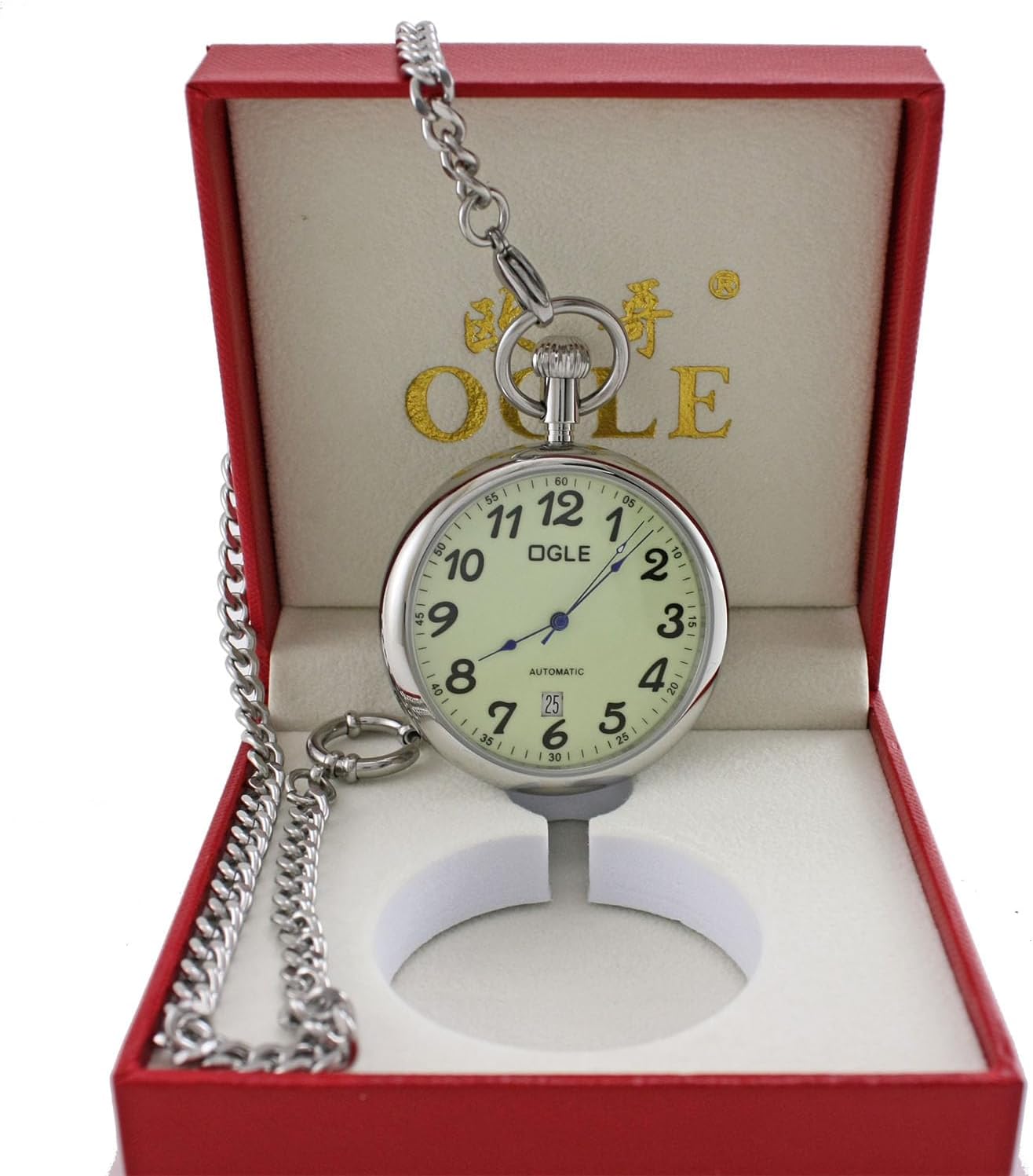OGLE 3ATM Waterproof Vintage Stainless Steel Case Gold White Large Face Big Dial Calendar Date Day Fob Self Winding Automatic Skeleton Mechanical Pocket Watch Chain Box