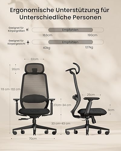 ProtoArc EC200 Chaise de Bureau Ergonomique pour la Maison, pivotante avec Appui-tête 3D réglable et Soutien Lombaire, Assise coulissante pour Plus de 8 Heures de Confort, Noire - 2