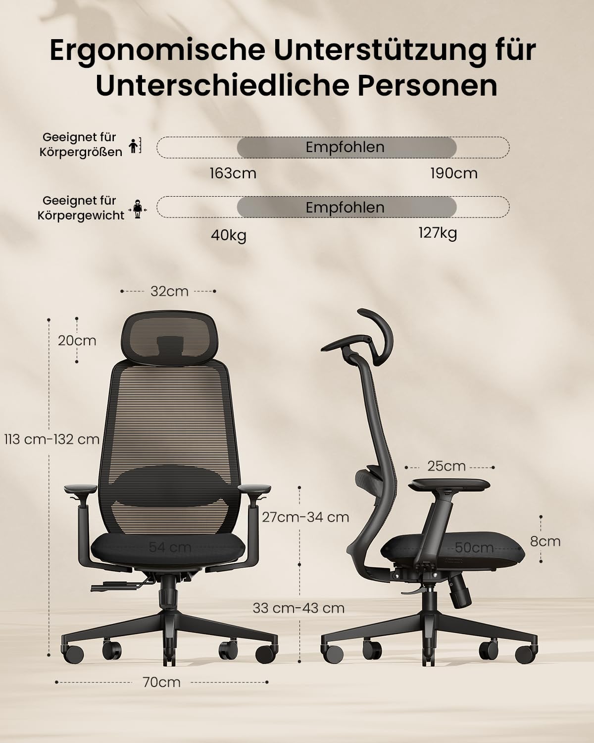ProtoArc EC200 Ergonomischer Bürostuhl mit Verstellbarer Sitztiefe, Schwarz | Schreibtischstuhl Lendenwirbelstütze Höhen- und Tiefenverstellbarer, 3D-Kopfstütze, 55D-Schaum, Mesh Computerstuhl Homeoffice