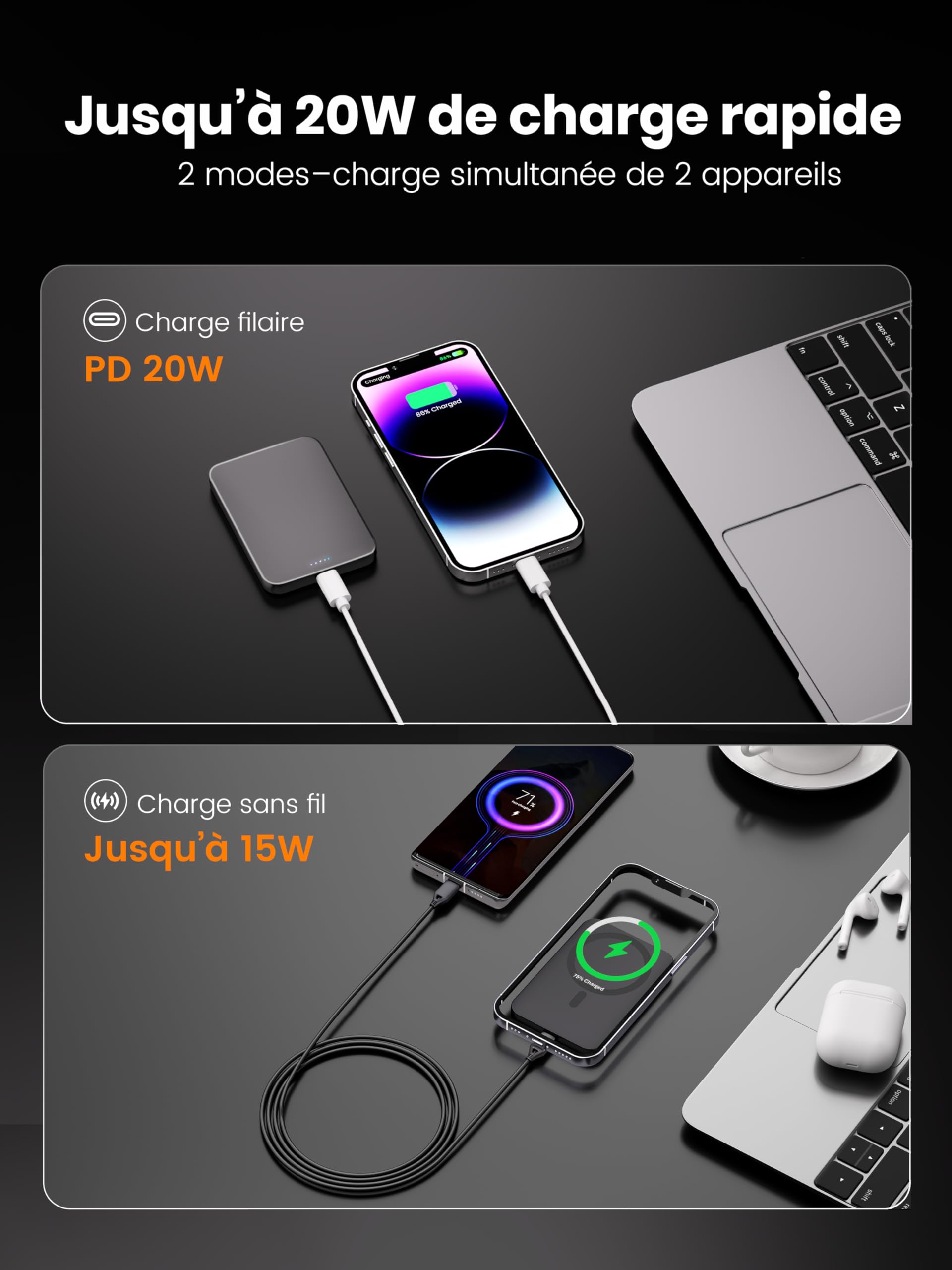 kstime Power bank magnetico, 5000 mAh, 8 mm, design in titanio ultra sottile, PD20W, caricabatterie wireless portatile con ingresso e uscita USB-C, compatibile con iPhone 17/16/15/14/13/12 serie