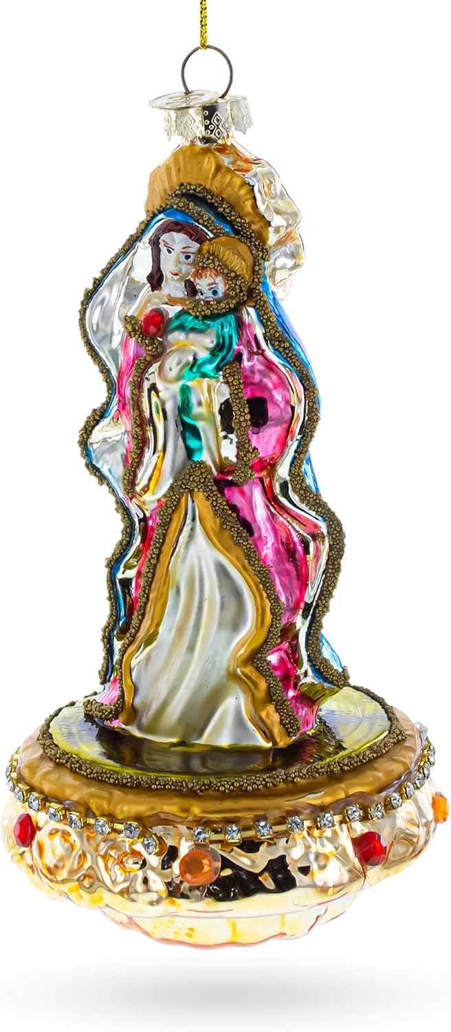 Reverent Virgin Mary with Baby Jesus Blown Glass Christmas Ornament