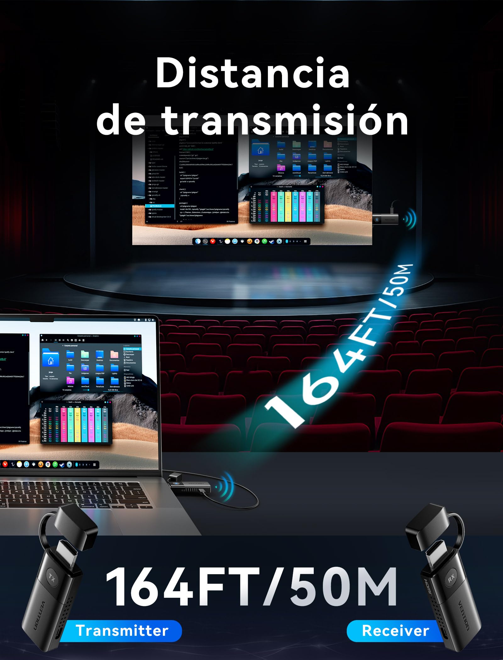 VENTION Transmisor y Receptor inalámbrico HDMI, 1080P60Hz, Transmisión inalámbrica 5G hasta 50M/165FT, Transmisión inalámbrica HDMI para Streaming Vídeo Audio File Desde, Portátil, Proyector,Negro
