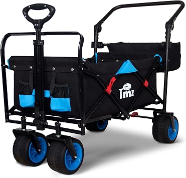 TMZ All Terrain Wide Wheel Utility Folding Wagon, Collapsible Garden Cart, Heavy Duty Beach Wagon Trolley with Adjustable Push Handle and Brake, 90 L Storage, Load of 120KGBlack/Blue