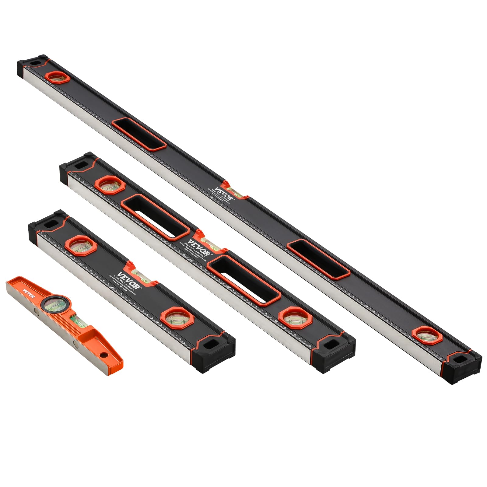VEVOR 4-Pezzi Set Livello Torpedo, 250/400/600/1200 mm Livelle Scatola, Fluorescente Luce Up Bolla Fiale Righello per 45/90/180 Gradi, Lega di Alluminio, Antiurto, Solo 250mm Magnetico