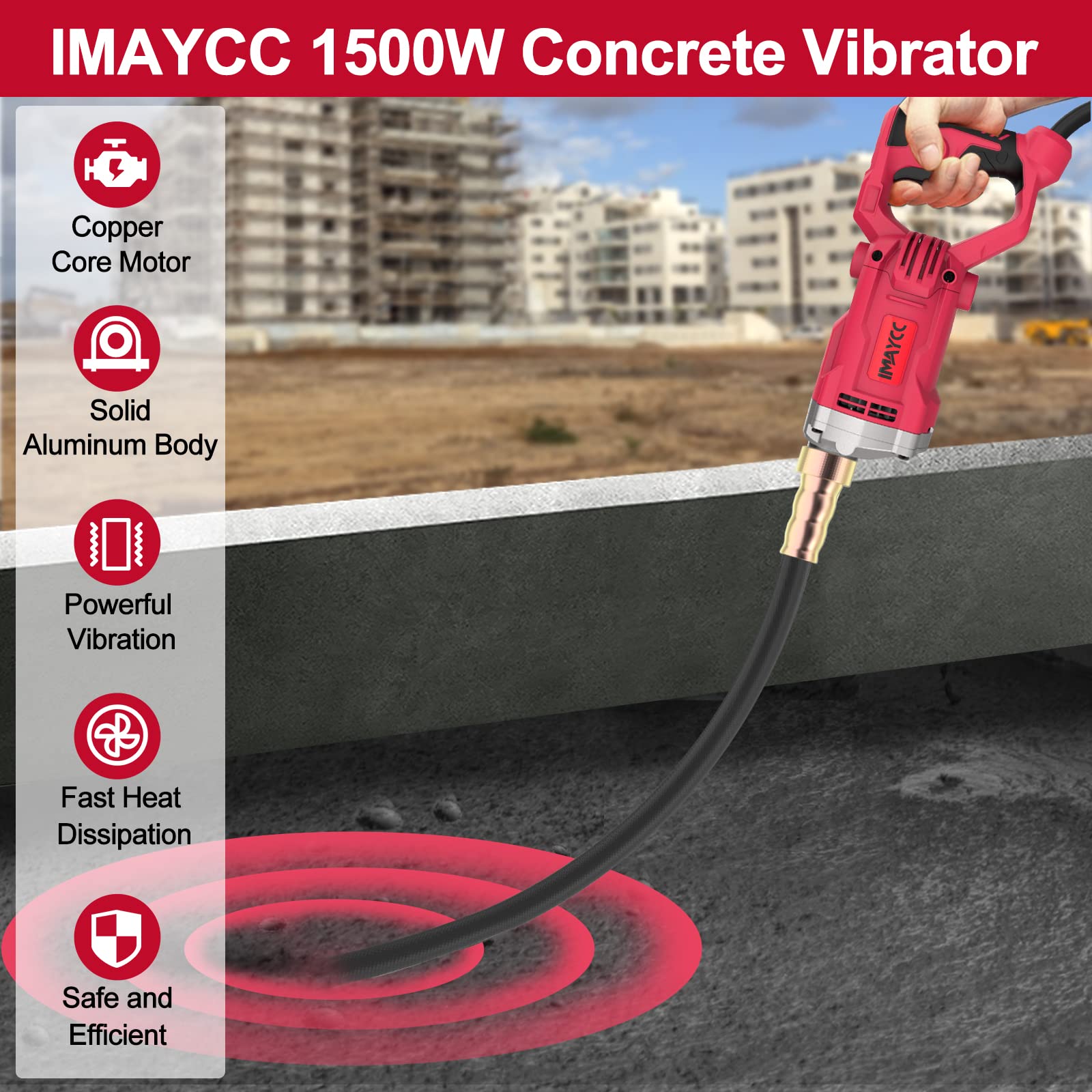 IMAYCC Vibrador de Hormigón, Actualizado 1500W Vibrador, Vibrador de Botella Vibrante Interno de 4200rpm, con Varilla Vibratoria 2M, para Construcción de Carreteras, Túneles, Puentes, Casas, etc.