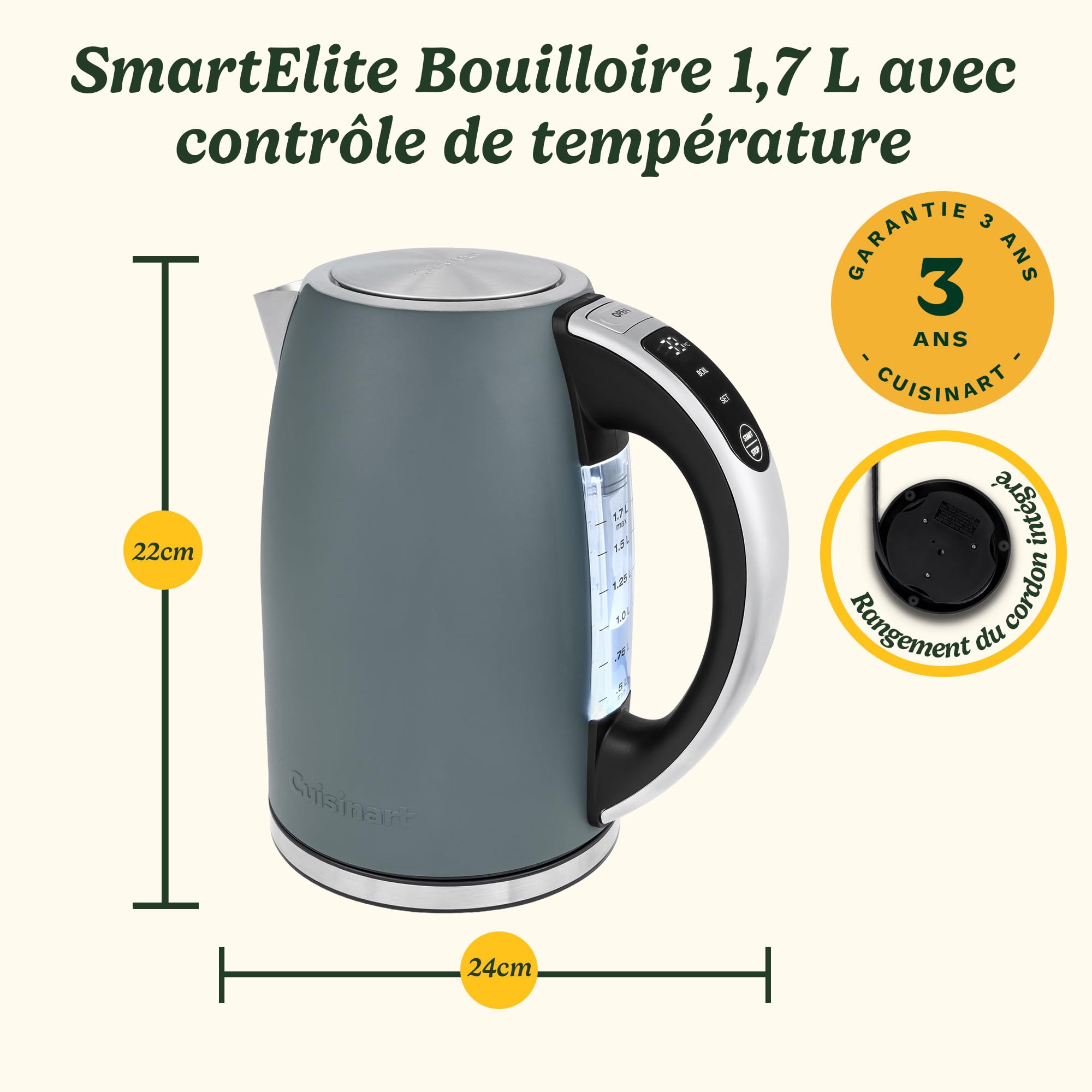 Cuisinart Bouilloire électrique SmartElite 1,7 L Denim | Température Réglable 50–100 °C | Écran Numérique | Ébullition Rapide 3 kW | Filtre Anticalcaire Lavable | Bec Verseur
