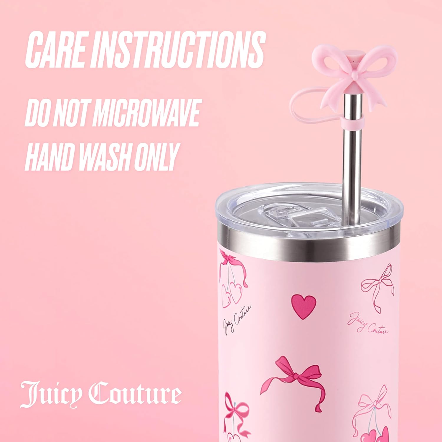 Juicy Couture Glam Slip 24oz Stainless Steel Hydration Tumbler with Straw Topper, Pink Cherry Bows