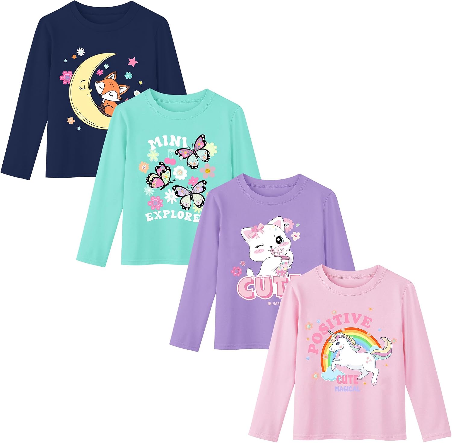 Poroka 4 Pack Toddler Girls Long Sleeve Cotton Graphic Tees Size 18M-5T