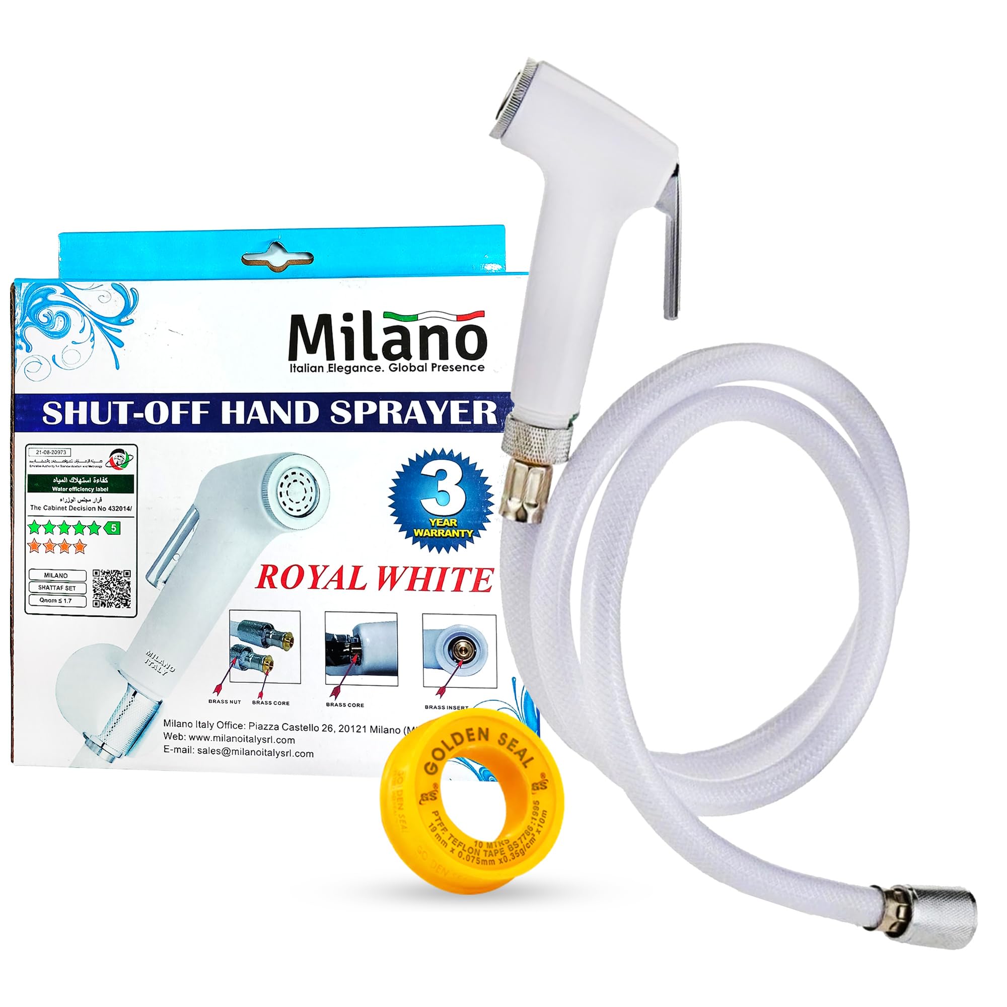 DuravelEco Royal White Shattaf Set Bidet Sprayer Set, Acrylic, Toilet Application, Includes Sprayer, Holder, Hose and Screws, Teflon Tape. 3 Year Warranty