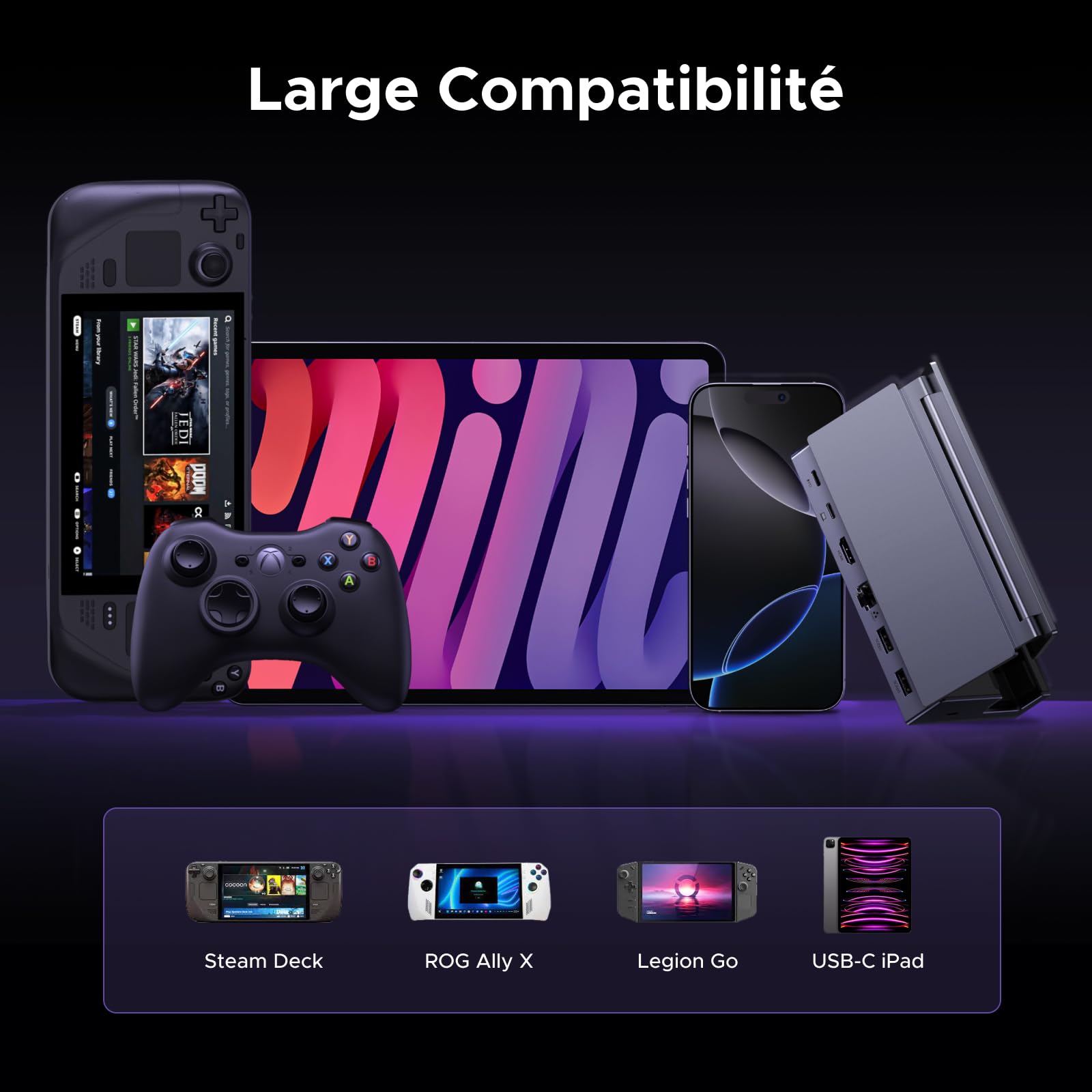 UGREEN 6 en 1 Docking Station Compatible Steam Deck OLED ROG Xbox Ally X Legion Go USB C HDMI 4K 120Hz VRR FreeSync G-Sync Ethernet Gigabit 3 Ports 5Gbps PD 100W