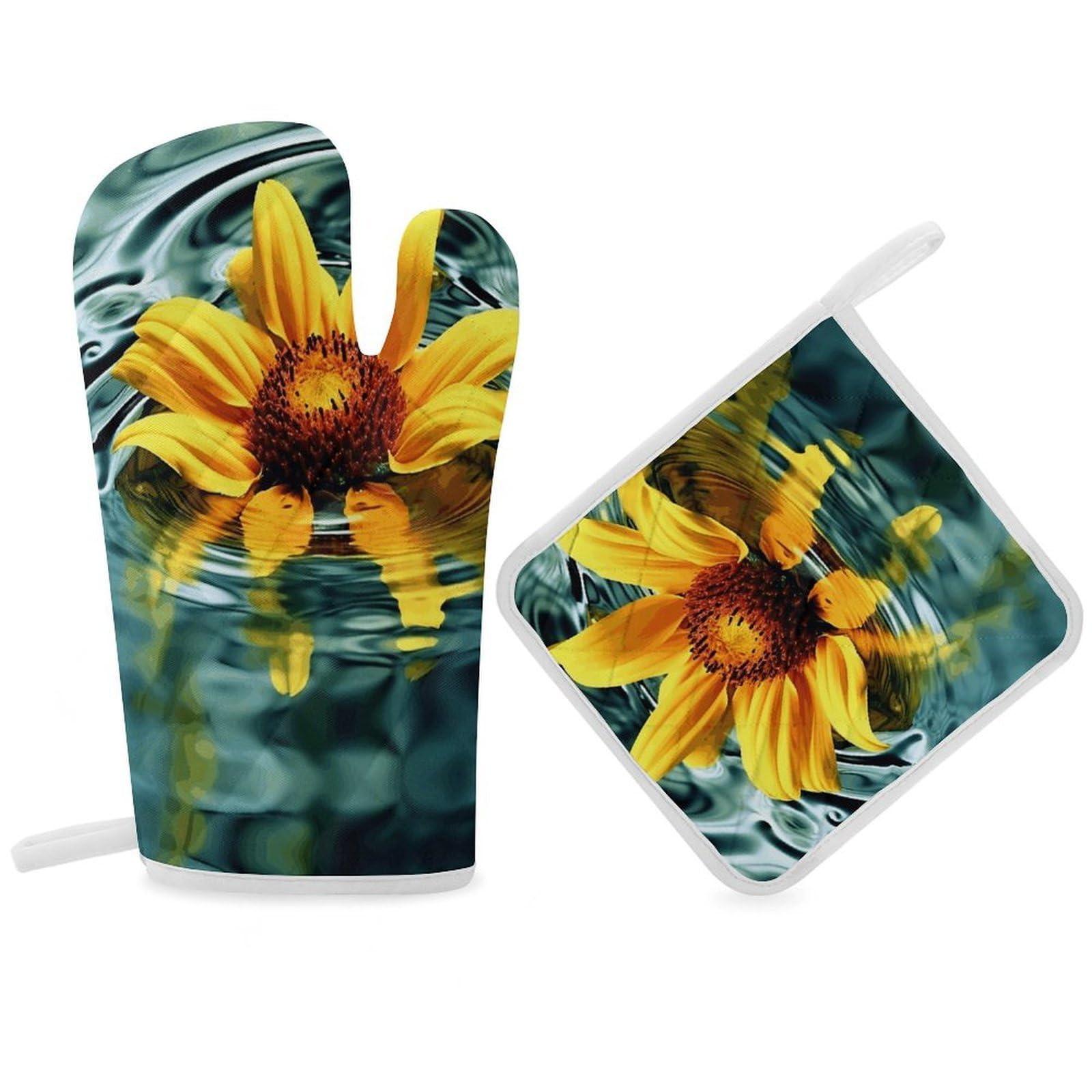 Sunflower in Water Oven Mitt Thick Substantial Heat Insulation Gloves Soft Skin-Friendly Temperature Resistant Oven Mitts for Cooking Lover Cooks