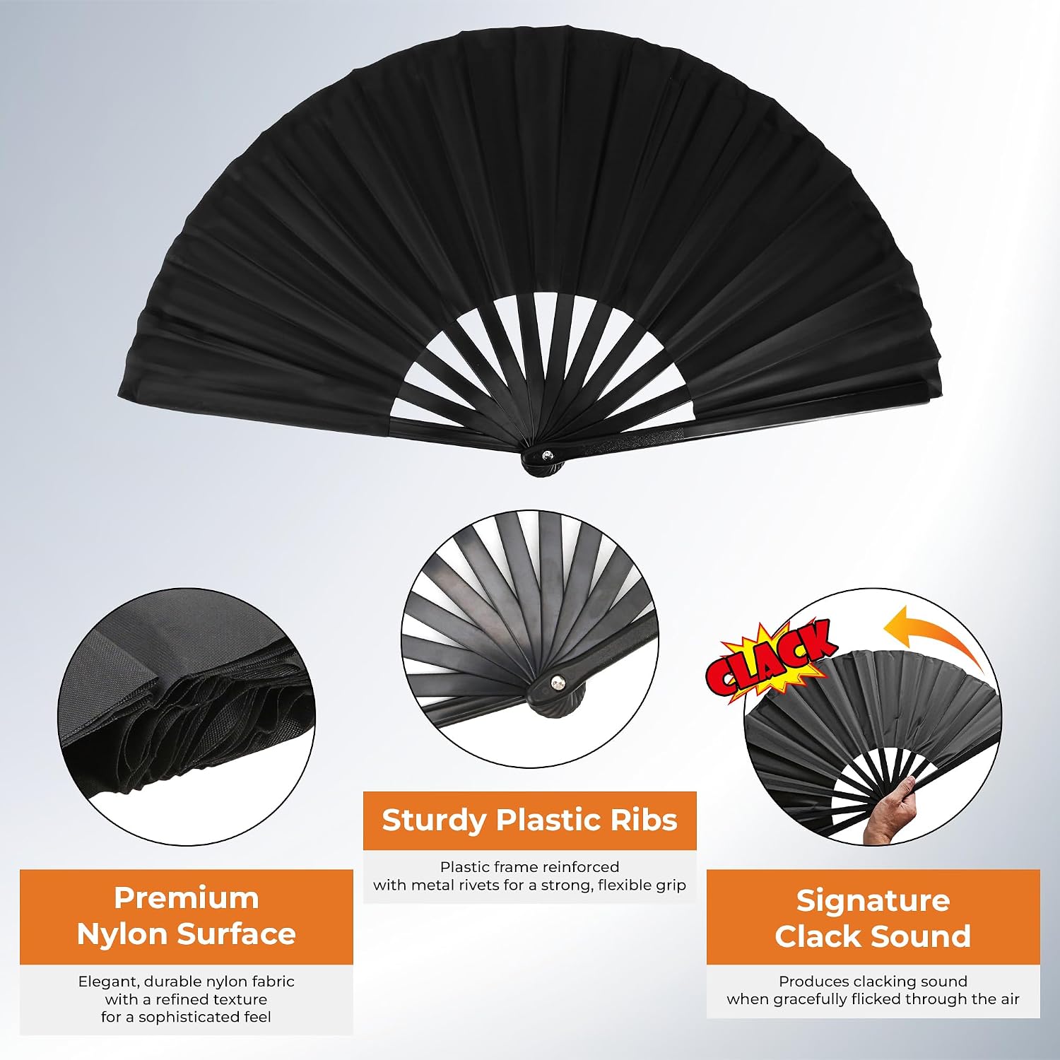 8Pcs Large Folding Fans For Line Dancing, Clacking Bulk Fan That Make Sound Popping, Classic Style Decorative Handheld Rave Foldable Fans for Performance Wedding Party (13 inch, Black)