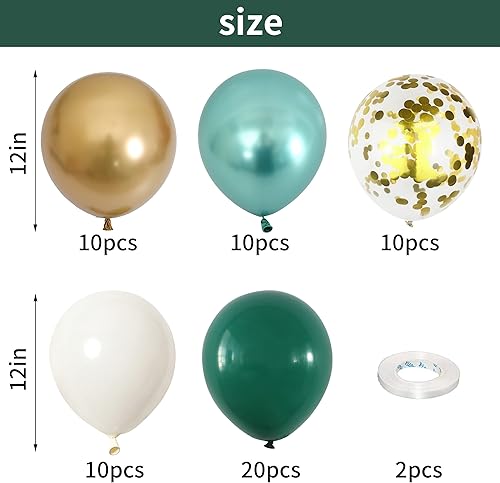 Miniatura 2 de Globos de látex verde metálico dorado, paquete de 60 globos de látex de 12 pulgadas de color verde oscuro, blanco y dorado con cintas para bodas,