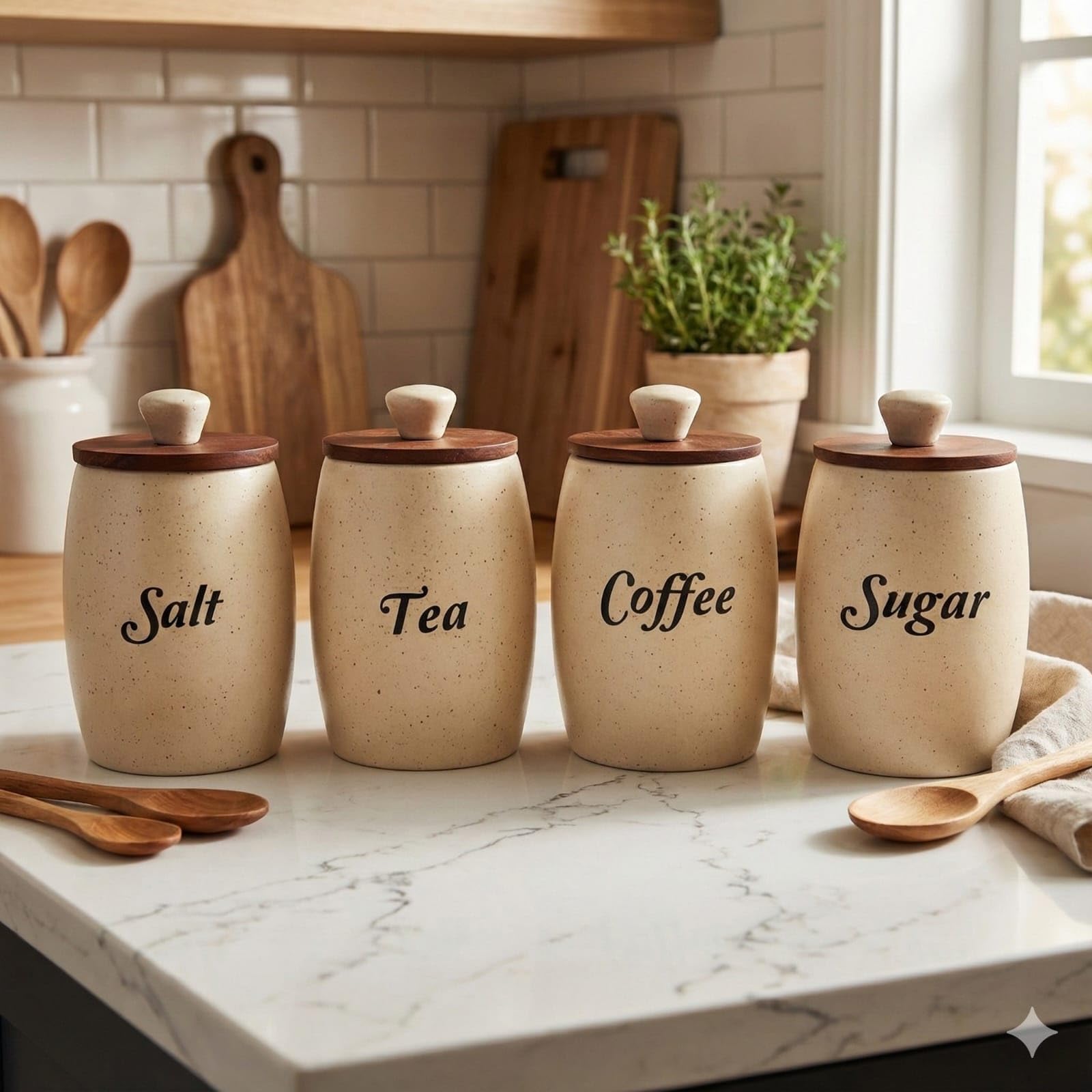 CraftShila Ceramic Tea Coffee Sugar Salt Containers Set of 4 with Wooden Lids | Jar & Container for Kitchen Storage Set | Multi Utility Air Tight Kitchen Organizer Items (Hand-Painted, 400 ML)