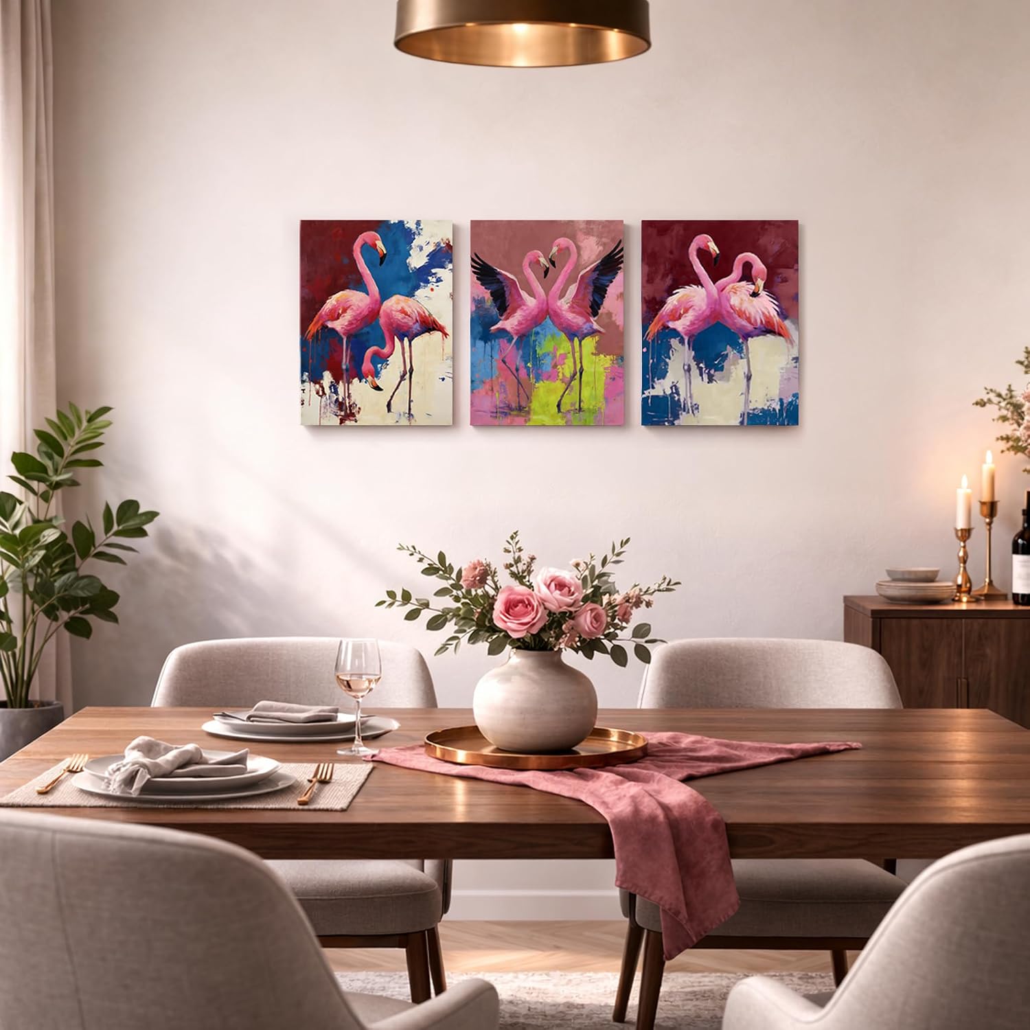 Pink Flamingo Canvas Wall Art Set of 3, 12x16 Inch Framed Tropical Animal Wall Decor, Modern Colorful Flamingo Artwork for Living Room Bedroom Bathroom, Ready to Hang